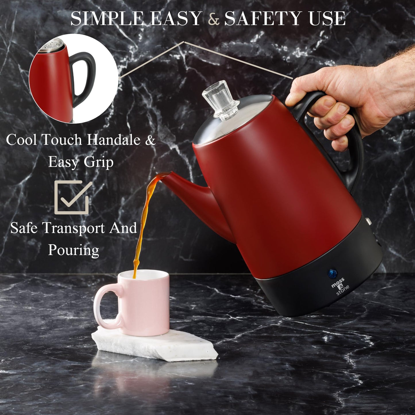 Moss & Stone Electric Coffee Percolator – Red Body Coffee Maker with Stainless Steel Lid, Percolator Electric Pot, Fast Boil 10 Cup Red Camping Coffee Pot