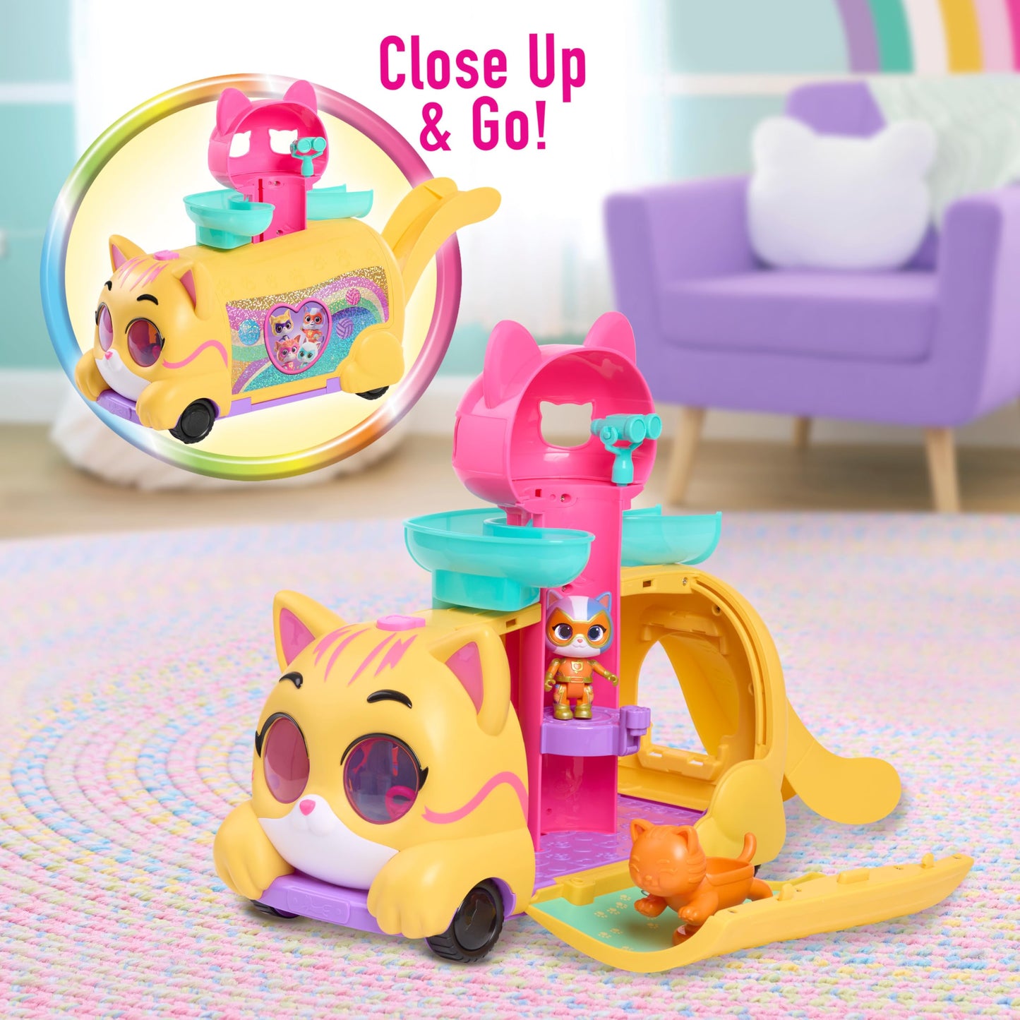 Disney Junior SuperKitties Purr ‘N’ Go Lights and Sounds Playset, 10 Pieces, Articulated Figures, Officially Licensed Kids Toys for Ages 3 Up, Gifts and Presents