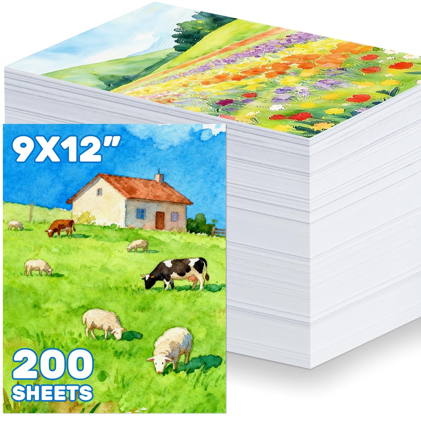 OSIMIG 200 Sheets 9x12” Watercolor Paper Bulk, 220gsm Cold Press White Thick Water Colour Paper for Painting, Artist Sketch, Easel, Loose Drawing, Art Supplies