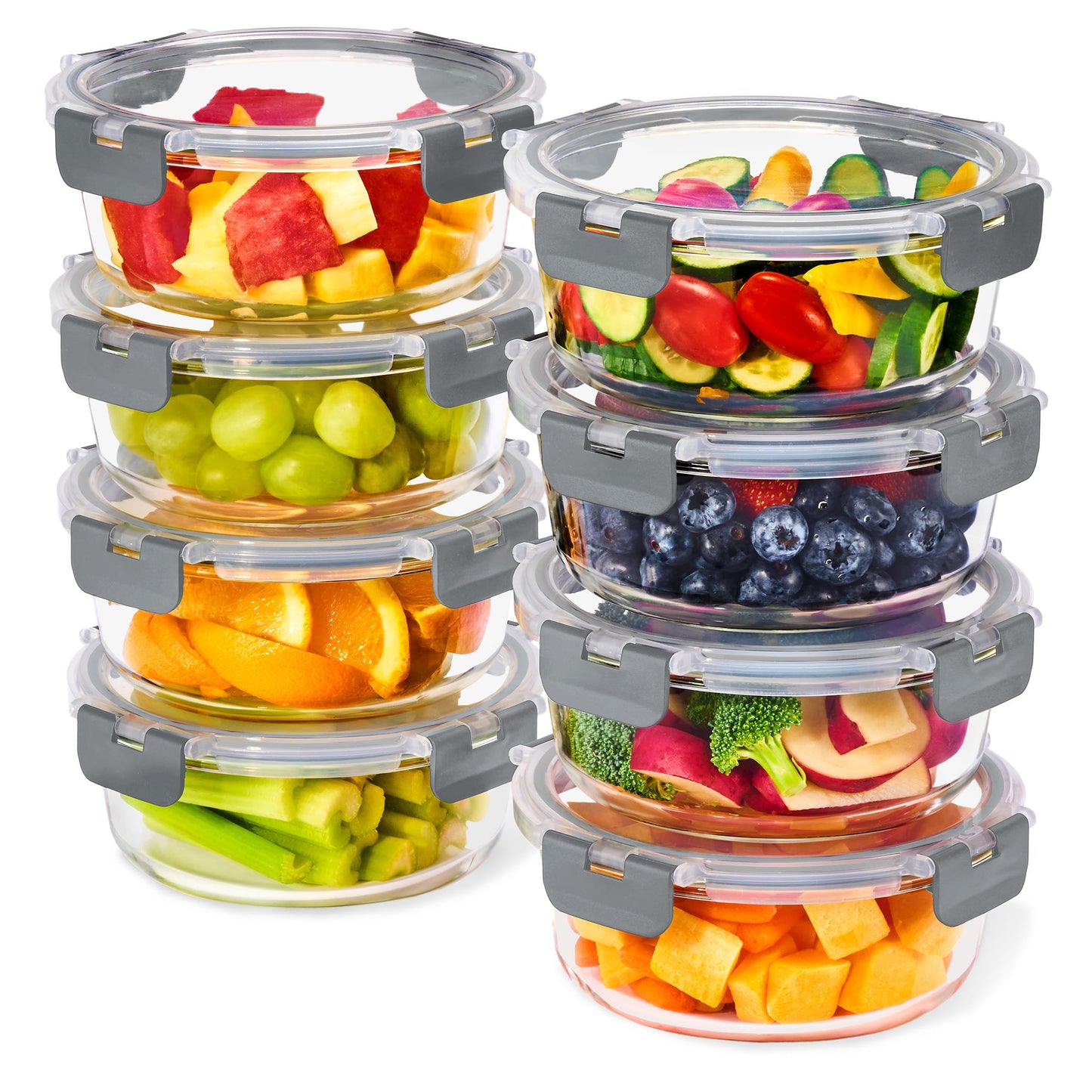Sorbus 16pc Glass Meal Prep Containers Set – 8 Round 32oz Containers with Airtight Lids – Freezer, Dishwasher, Oven Safe – Reusable Food Storage Bowls, 4 Cup Capacity for Meal Prep and Storage Grey