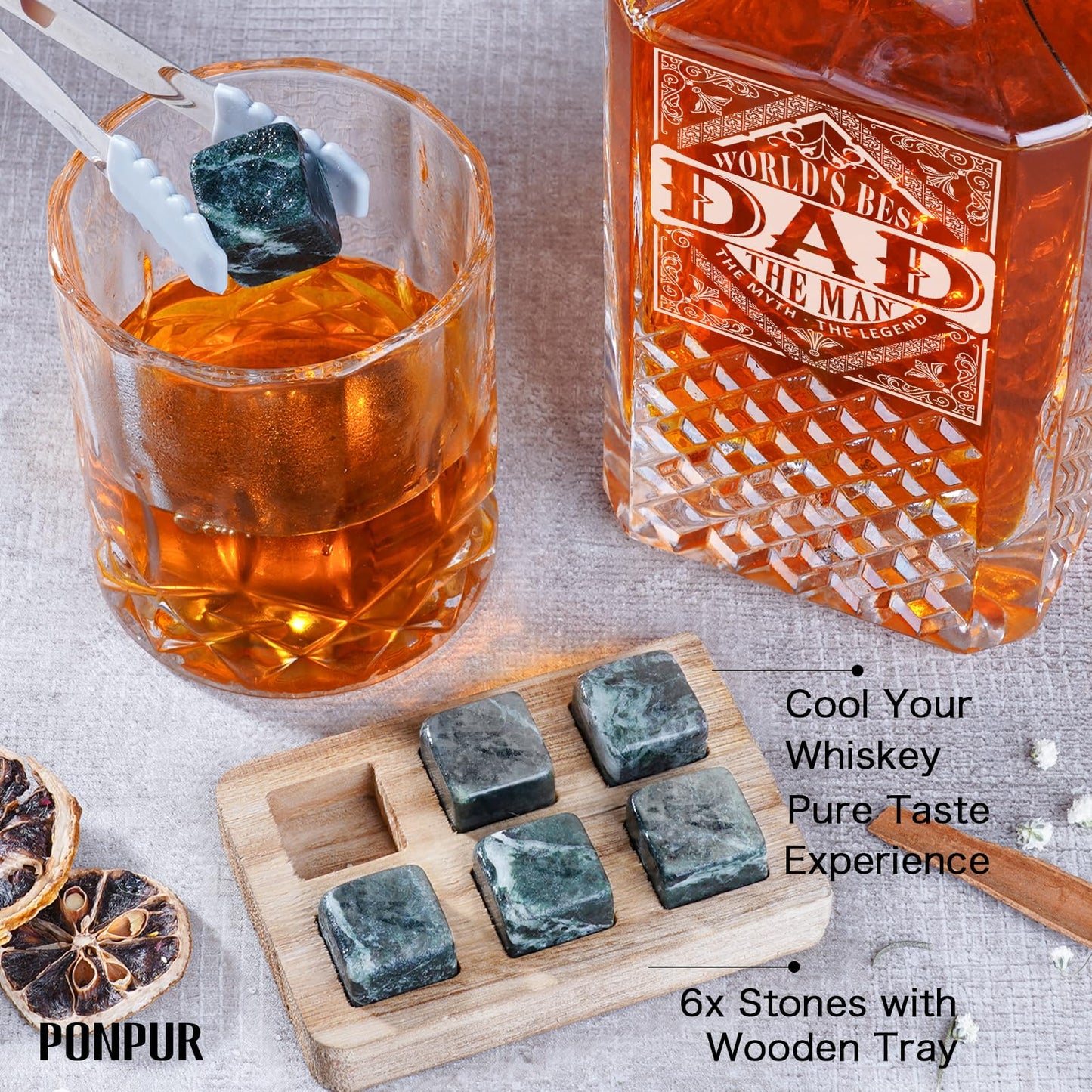 PONPUR Gifts for Men Dad, Whiskey Decanter Set with 2 Glasses with Wooden Box, Unique Dad Birthday Gift from Daughter Son, Best Dad Father Husband Presents for Anniversary Christmas