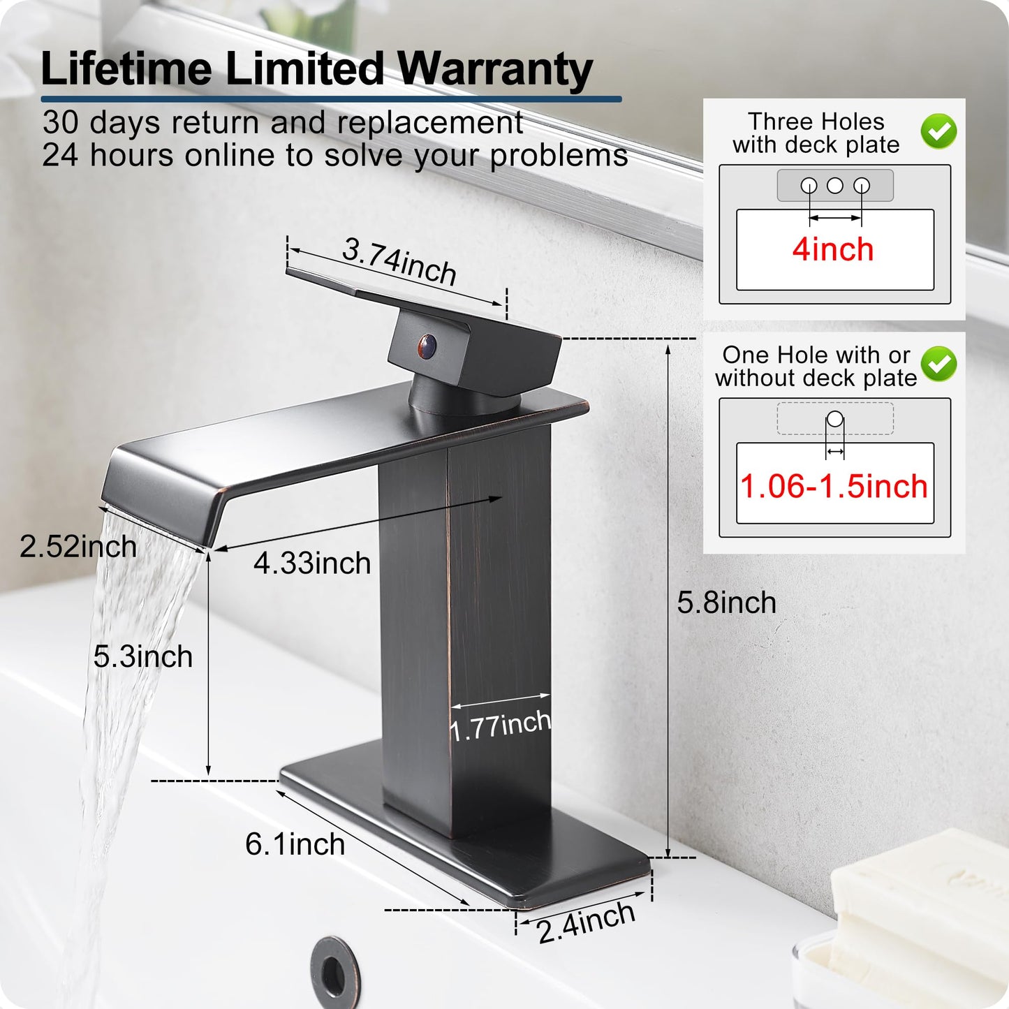 HOIGY Oil Rubbed Bronze Bathroom Faucet Waterfall Faucet, Brass Single Handle Bathroom Sink Faucet 1 Hole or 3 Holes, 4 Inch Bathroom Faucets with Deck Plate & Pop-Up Drain for Farmhouse Quick Install