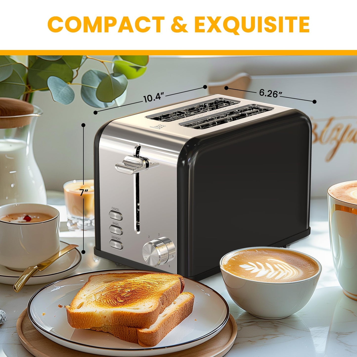 Simple Deluxe 2-Slice Toaster, Stainless Steel Toaster, 6 Browning Setting and 3 Function, Extra Wide Slot & Removable Crumb Tray, for Bread & Waffle, Black