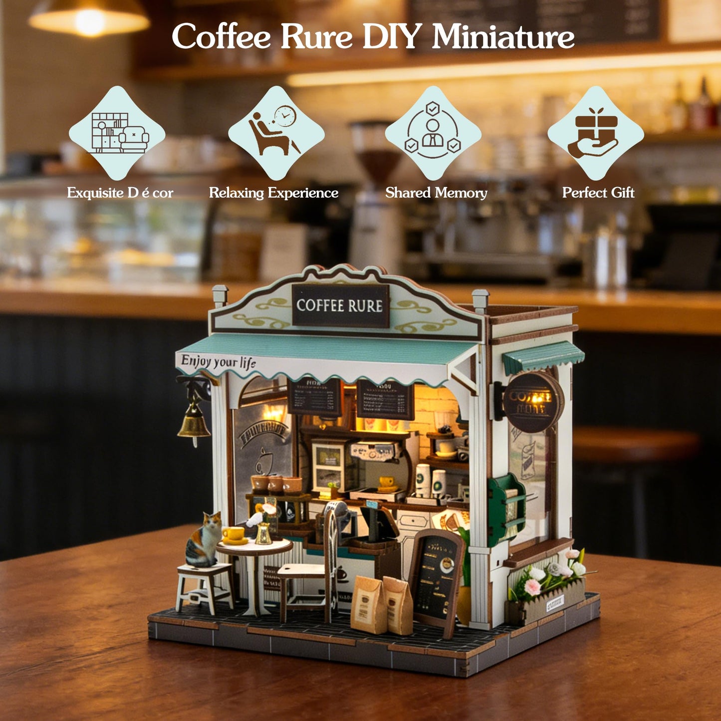 Soothee DIY Miniature Coffee Shop Kit, 3D Wooden Puzzle for Adults and Teens, Book Nook Bookshelf Decor with LED Light, 14+ Years