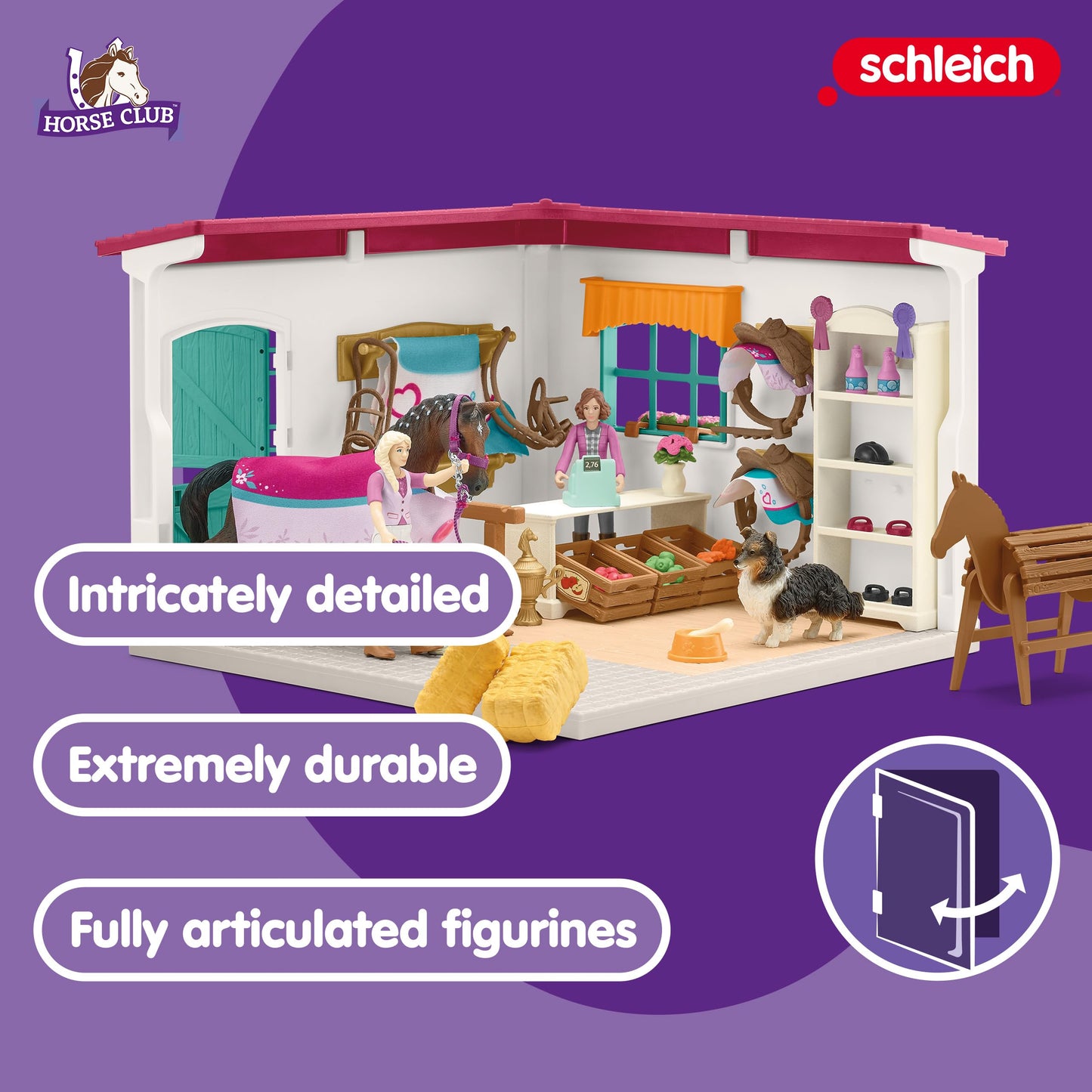 Schleich Horse Club - 67PC Sofia's Tack Shop Playset with Toy Horse Figurine, 2 Poseable Action Figures and Accessories - Realistic Pretend Shopping Toys for Girls and Boys - Kids Toys Ages 5+ | 42568