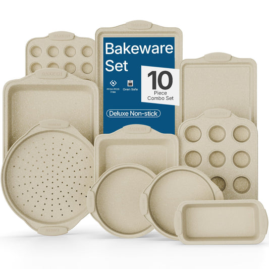 BAKKEN Kitchen Oven Baking Pans - Nonstick Gray Coating, Carbon Steel Bakeware Set with White Silicone Handles, Commercial Restaurant Quality Pans, PFOA, PFOS, PTFE Free, Oven Safe (450° F), Set of 10