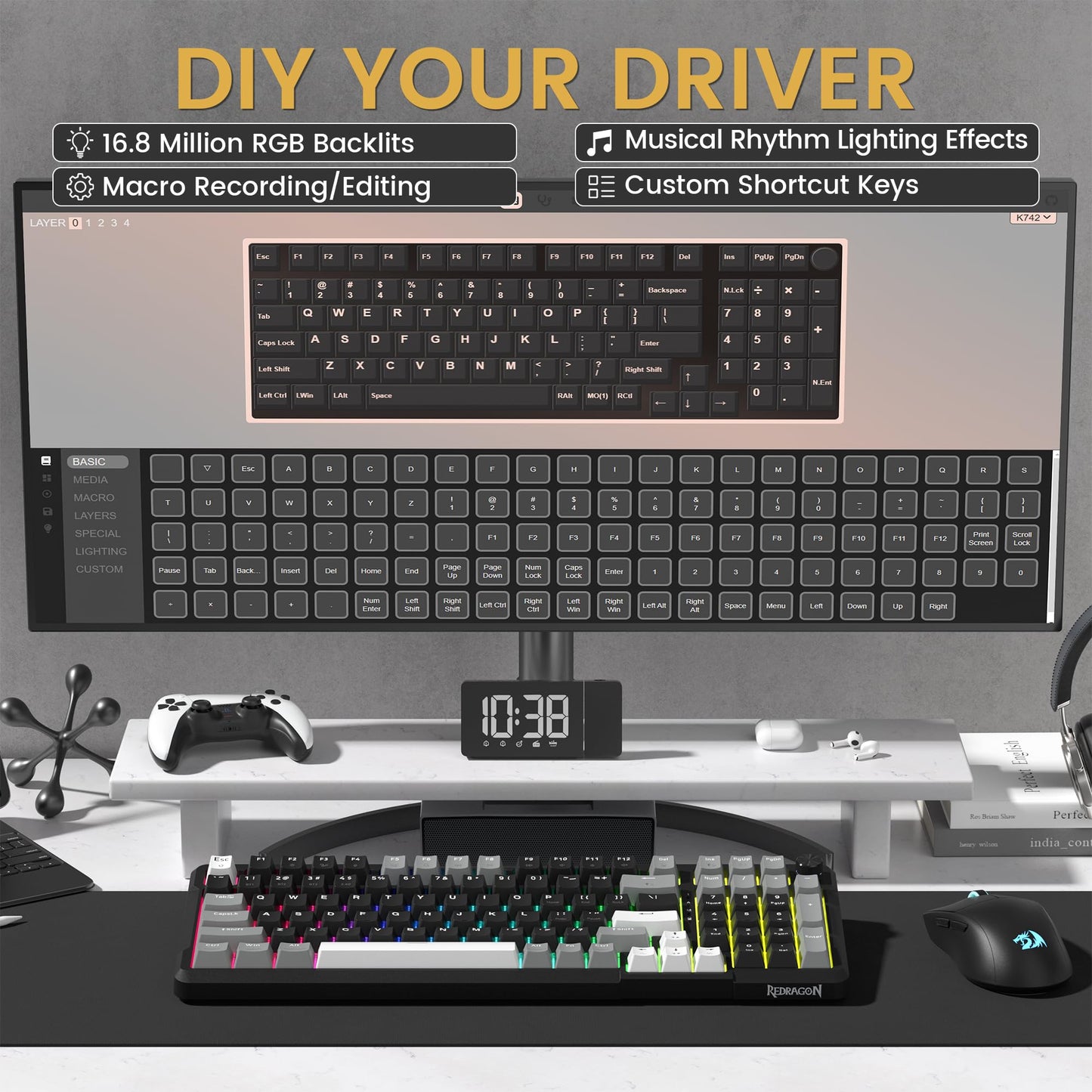 Redragon K742 Wireless Mechanical Gaming Keyboard with Knob, Bluetooth 5.0/2.4GHz/USB C Wired Creamy Keyboard with Number Pad for PC Computer, RGB Backlits, Hot-Swappable with Linear Switches (Black)