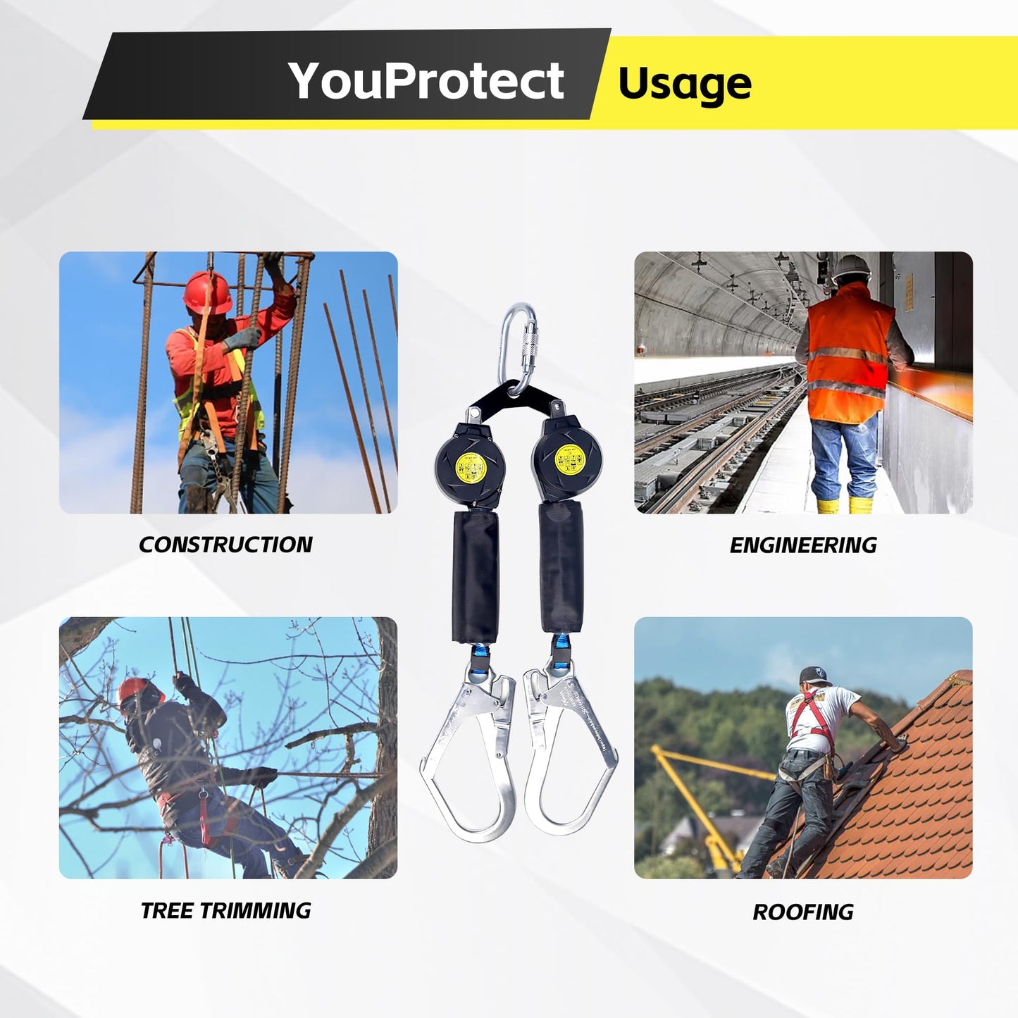 6 FT Dual Leg Self-Retracting Lifeline Web Lanyard Retractable, 2.36 inch Gate Opening Twin Steel Locking Hooks, Double Yoyo, Shock Absorber | Fall Protection OSHA & ANSI Compliant SRL