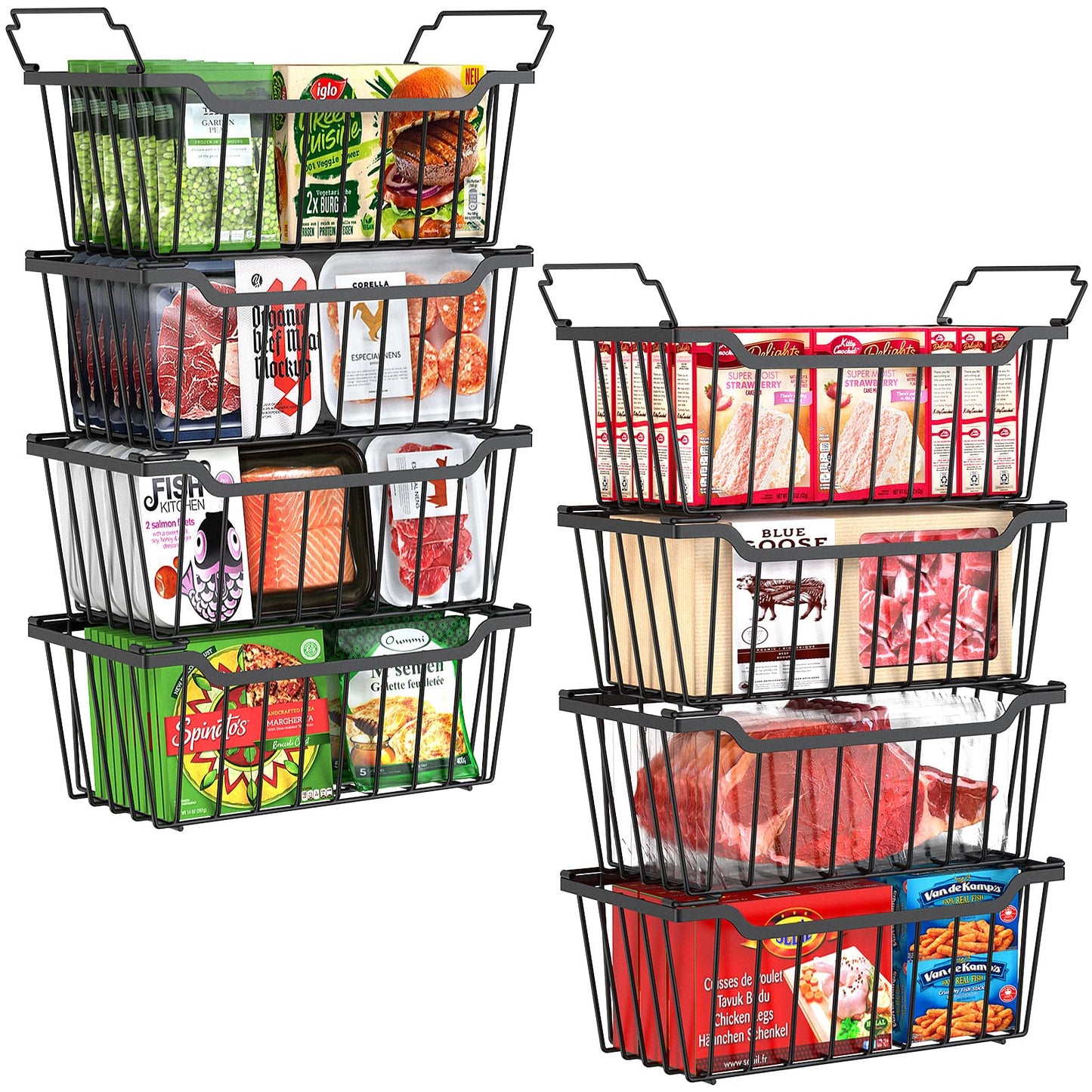 SUNALLY Freezer Organizer Bins, 8 Pack Stackable Chest Freezer Organizer for 5-7 Cu.FT Deep Freezer Sort Frozen Meats and Food, Freezer Storage Baskets with Handles Easy Reach from Bottom, Black