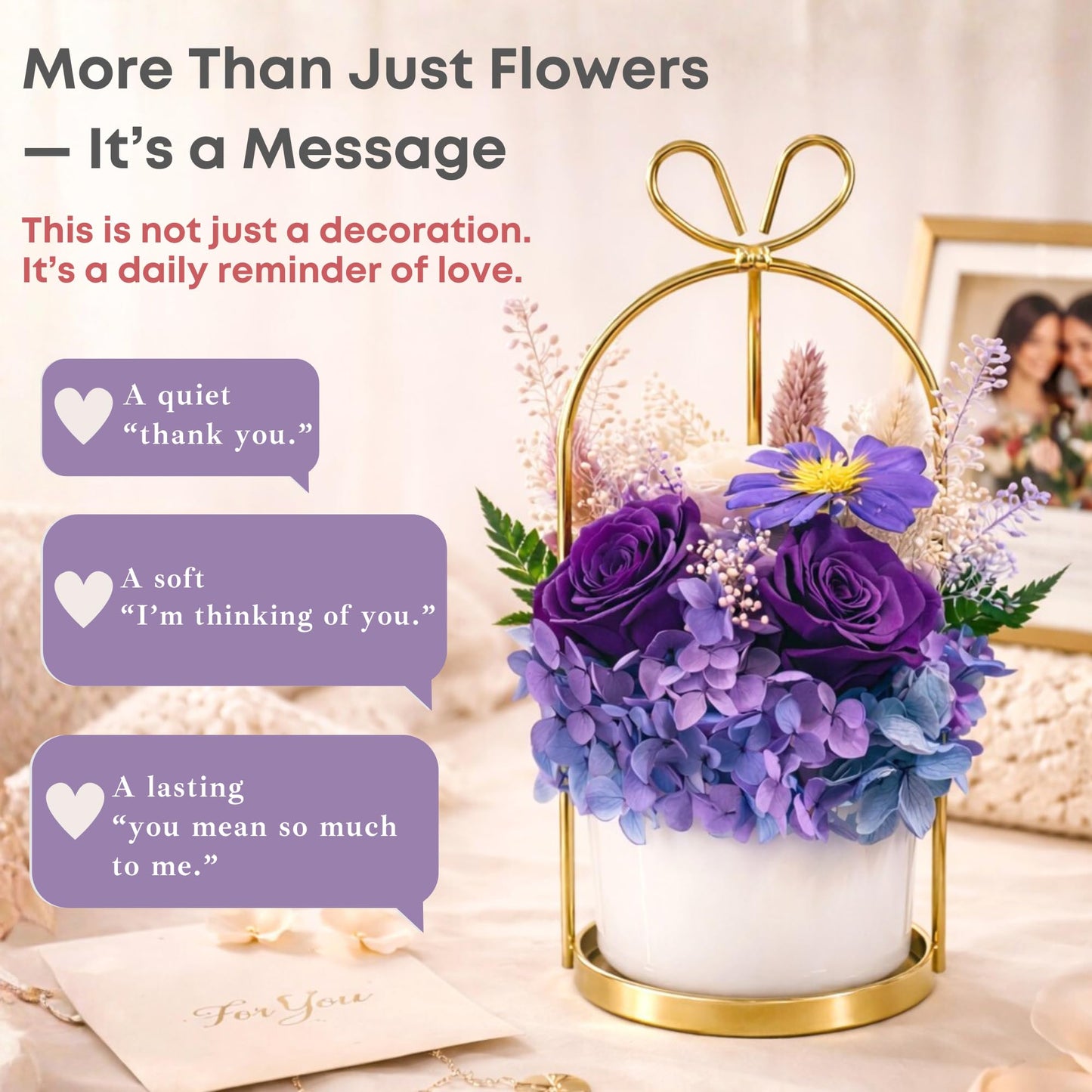 MENANA Potted Preserved Flowers - Valentines Day Anniversary Christmas Mothers Day Birthday Gifts for Girlfriend, Wife, Mom, Women, Her - Purple Roses & Hydrangeas Flowers in Ceramic Keepsake Pot Home