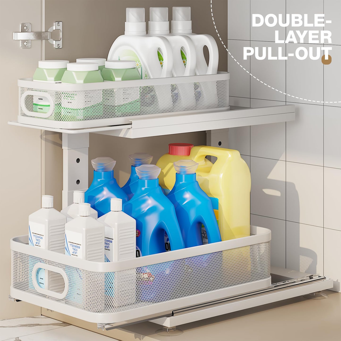 Corbyles 2 Pack Under Sink Organizer With Next-Gen Ball-Bearing Slides,2-Tier Precision Mesh Pull Out Cabinet Drawers Storage for Bathroom&Kitchen,Height Adjustable Shelf,Rust-resistant-Patent Pending