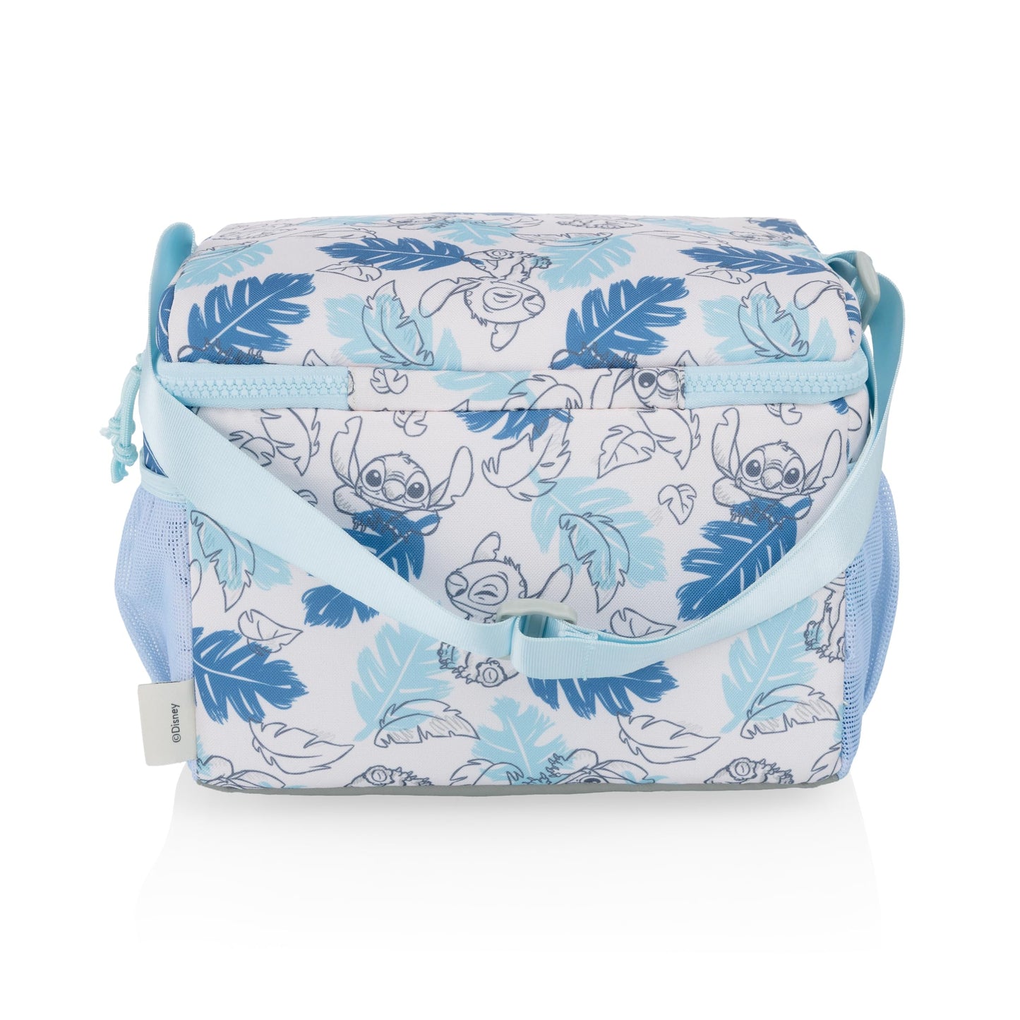 PICNIC TIME Disney Lilo & Stitch Modern Lunch Cooler, Insulated Lunch Box for Work, Travel, and Outdoor Use, Waterproof Cooler Bag with Adjustable Strap and Mesh Pockets, (White with Blue Leaf Design)