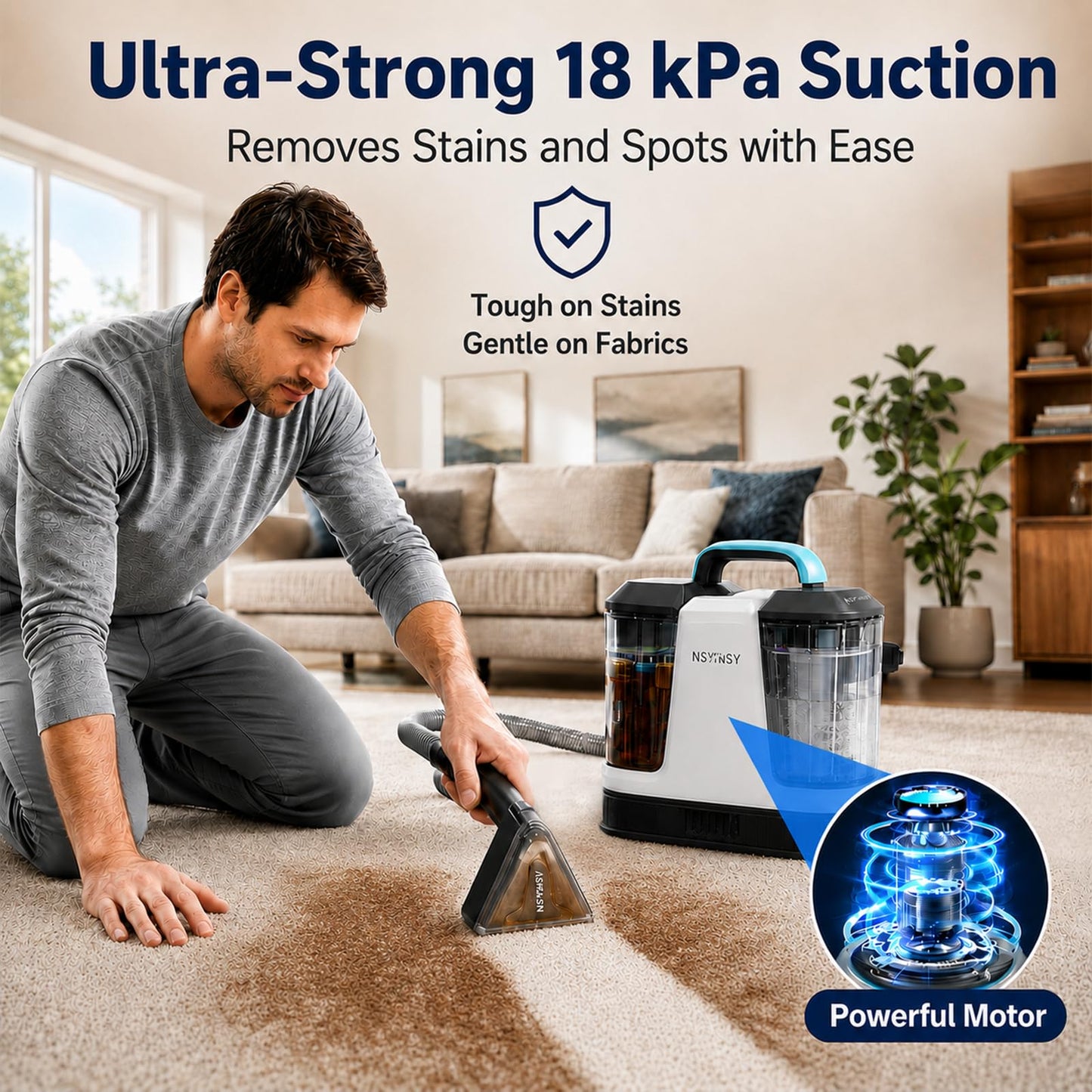 Upholstery Cleaner Machine & Carpet Cleaner | Portable Spot Cleaner with Strong Suction and Scrubbing Brush for Pet Stains, Spills on Couches, Rugs, Mattresses, Car Interiors (White)