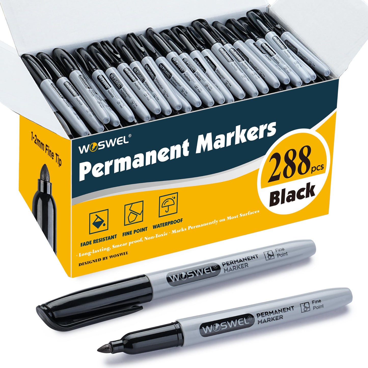 WOSWEL Permanent Markers Bulk, 288 Pack Fine Point Tip Black Permanent Marker Set, Waterproof Markers, Premium Smear Proof Pens, Quick Drying, Office Supplies for School, Office, Home