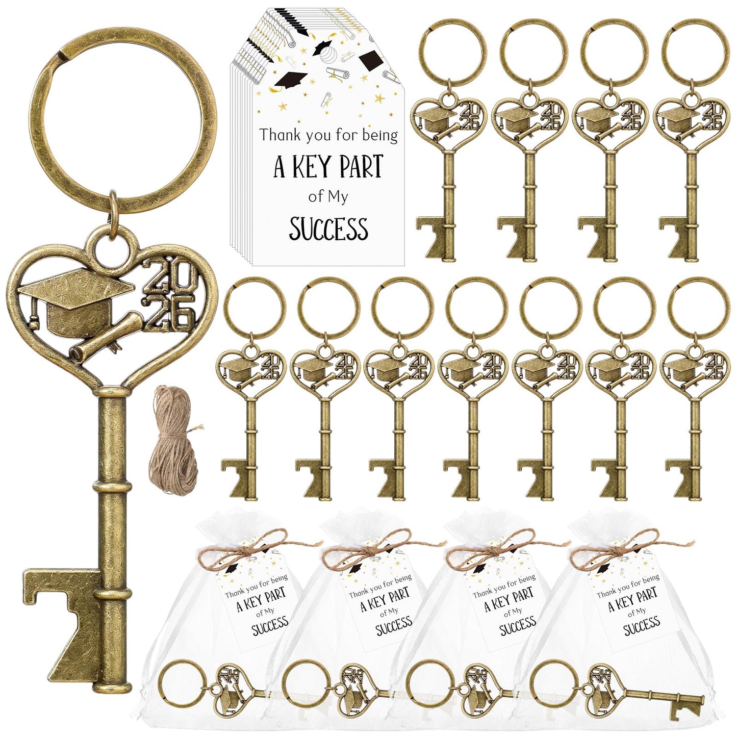Misdary 50 Sets Graduation Party Favor for Guest 2026 Graduation Cap Bottle Opener Keychains with Thank You Card Organza Bags Class of 2026 College Celebration Party Supplies (Bronze)