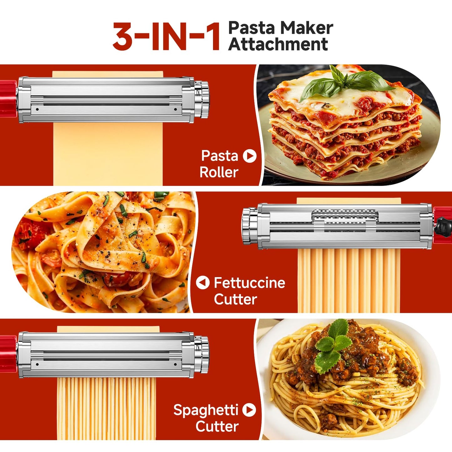 Pasta Maker Attachment for Kitchen Aid Stand Mixers, 304 Stainless Steel, Rust-Proof, 8 Thickness Settings, Easy to Clean, 3 in 1 Accessories for Homemade Spaghetti, Fettuccine, Lasagna