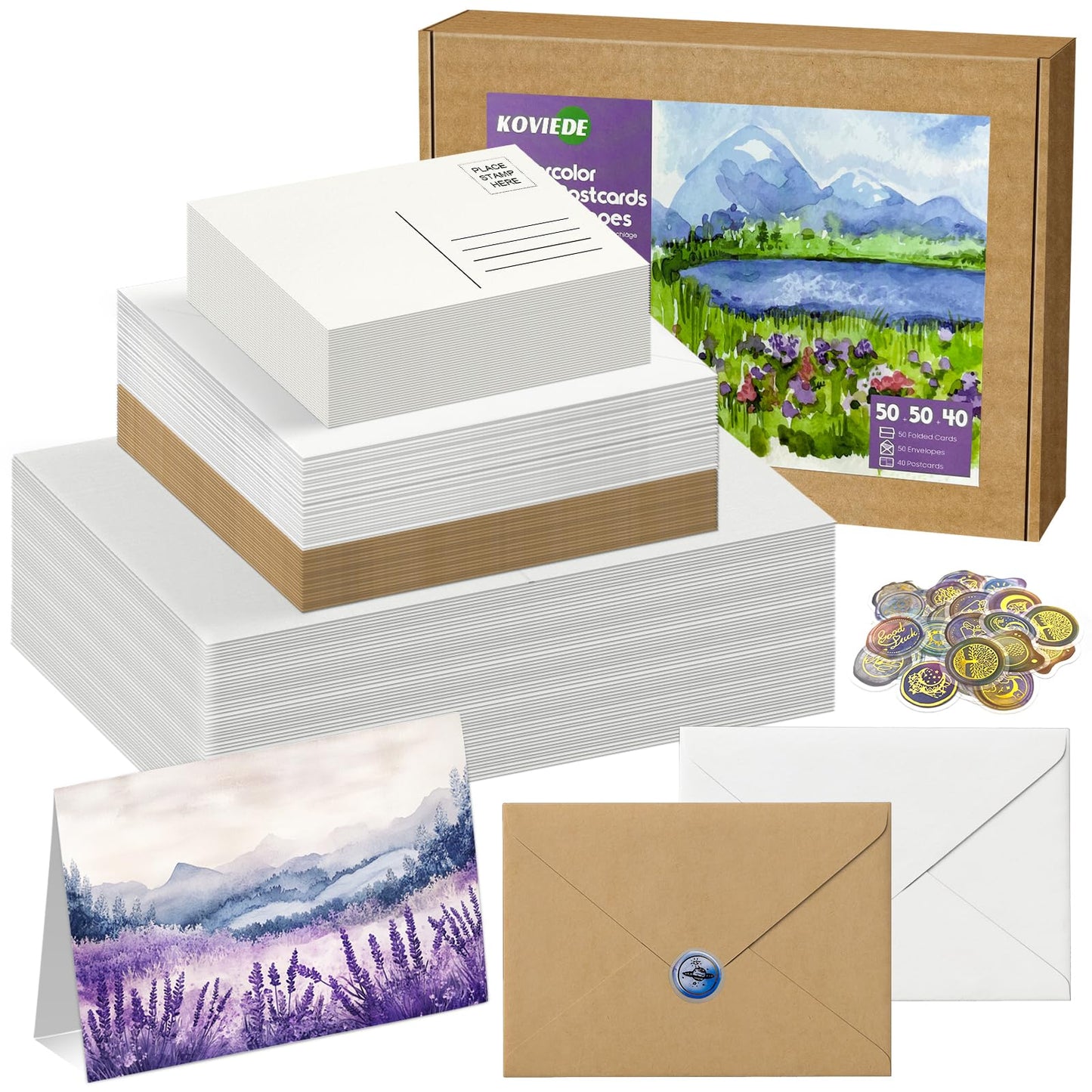 KOVIEDE 50 Pack Foldable Watercolor Cards with Envelopes 5"X7", 40 Blank Watercolor Postcards 4"x6", 140LB/300GSM 100% Cotton Water Color Cards for Painting, Greeting, Christmas, Birthday