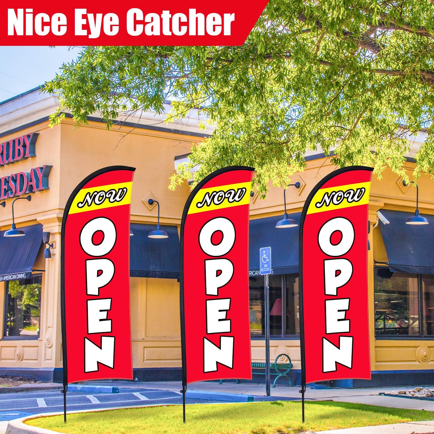 Buryeah 3 Sets Now Open Feather Flag Pole Kit for Business Advertising 7 ft Open Flag Banner Sign with Pole Kit Ground Stake and Portable Bag for Outside Ground (Red)