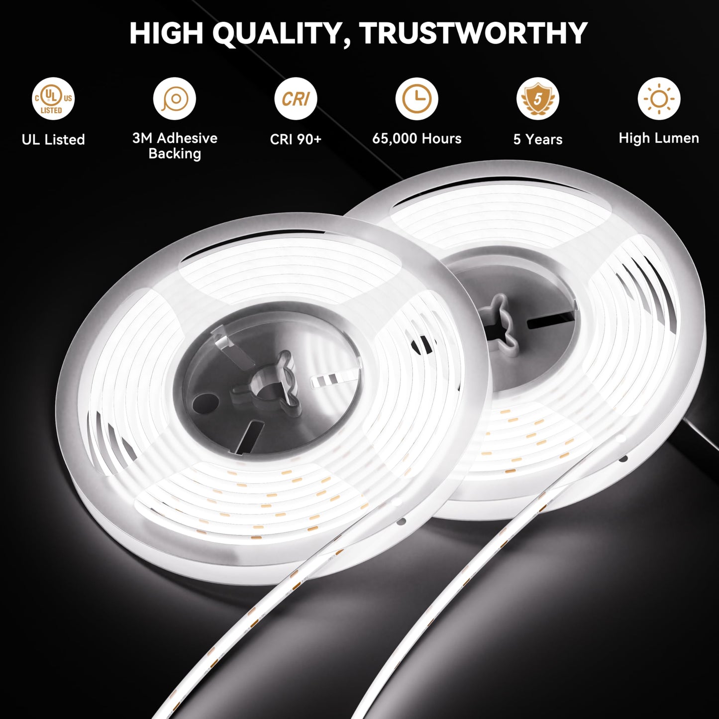 PAUTIX COB LED Strip Lights 48ft/15m Super Bright,504 LEDs/m Daylight White 6000K CRI90+ Flexible LED Tape 24V for Cabinet Home DIY Lighting Projects with 2pcs COB Connector(Power Supply Not Included)