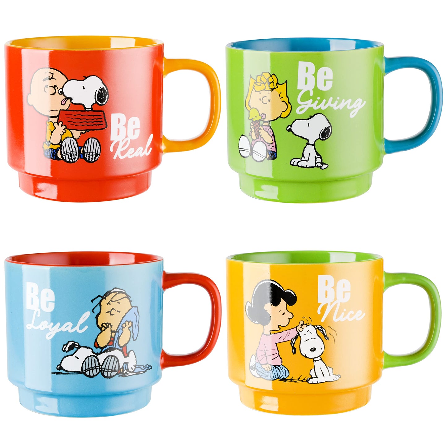 Peanuts Snoopy Gentle Reminders 15oz Stackable Mugs w/Metal Rack, Stoneware, 4-Pack, Assorted Colors