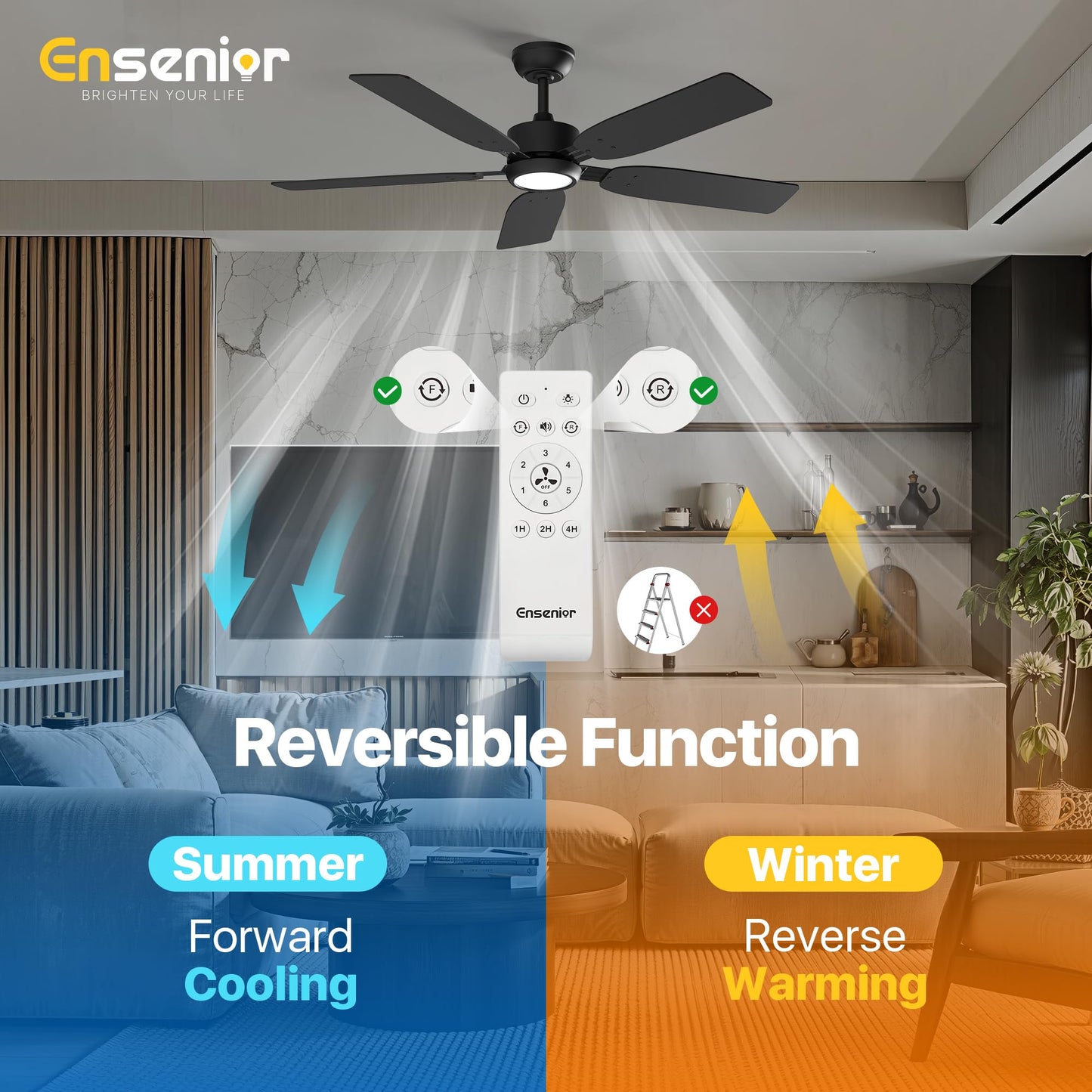 Ensenior 52 inch ceiling fan with light and remote, Noiseless Reversible DC Motor Fandelier Ceiling Fan, 6 Speeds, 3CCT, Black Modern Ceiling Fan for Bedroom and Living Room, 5 Dual-Finish Blades