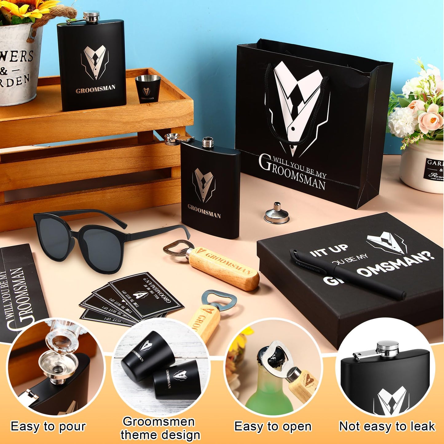 Layhit 60 PCS Groomsmen Gifts Set of 6, Groomsmen Proposal Gift Set, 6 Flask and 12 Stainless Steel Shot Glass 6 Wood Bottle Opener 6 Pen 6 Sunglasses with 6 Card 6 Box 6 Bag for Wedding Party