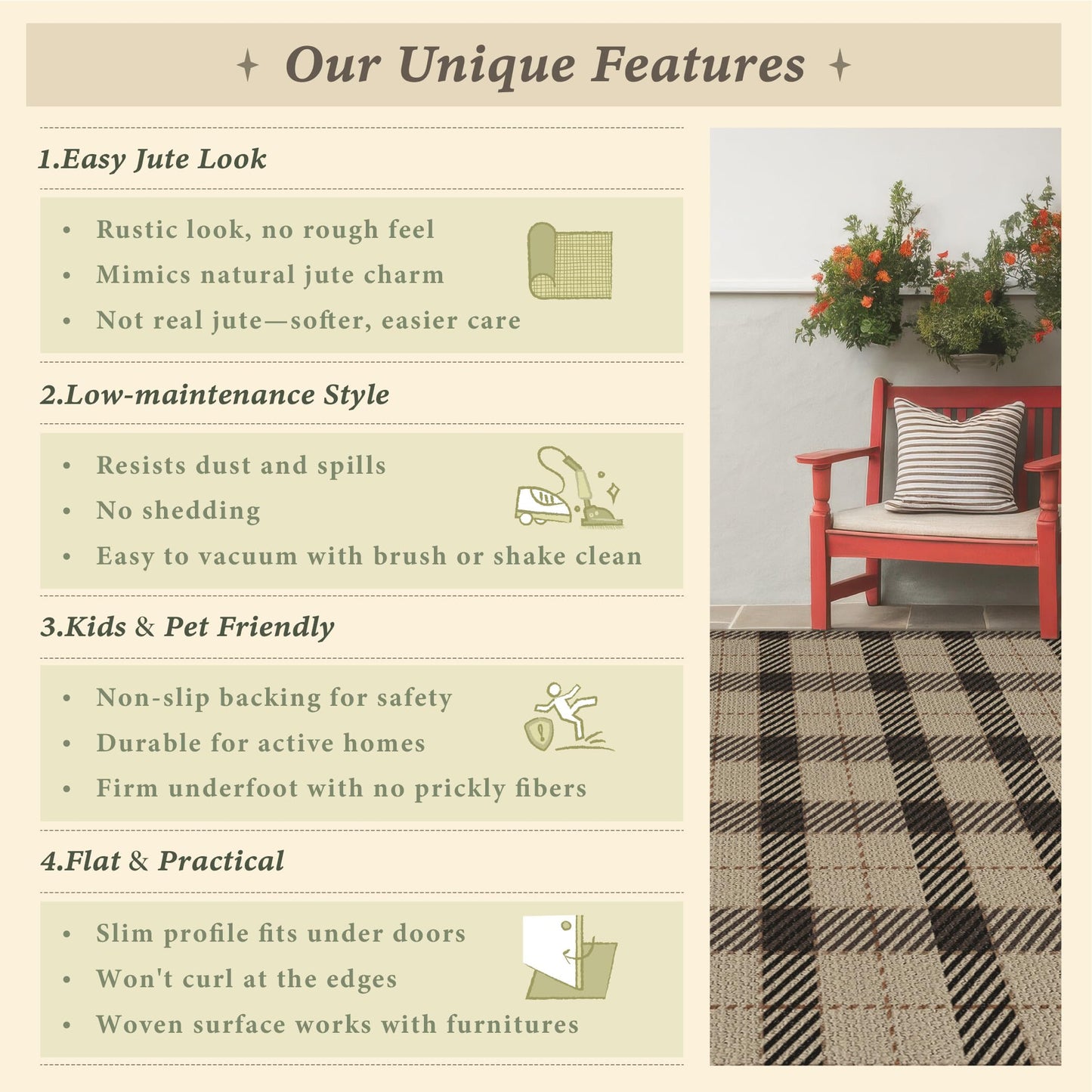 Washable Plaid Indoor Outdoor Rug 3x5 for Front Porch, Entryway, Patio, No Shed Easy Jute Non Slip TPR Backing Area Rug for Large Kitchen, Farmhouse Black & Tan Checkered Seagrass Aesthetic