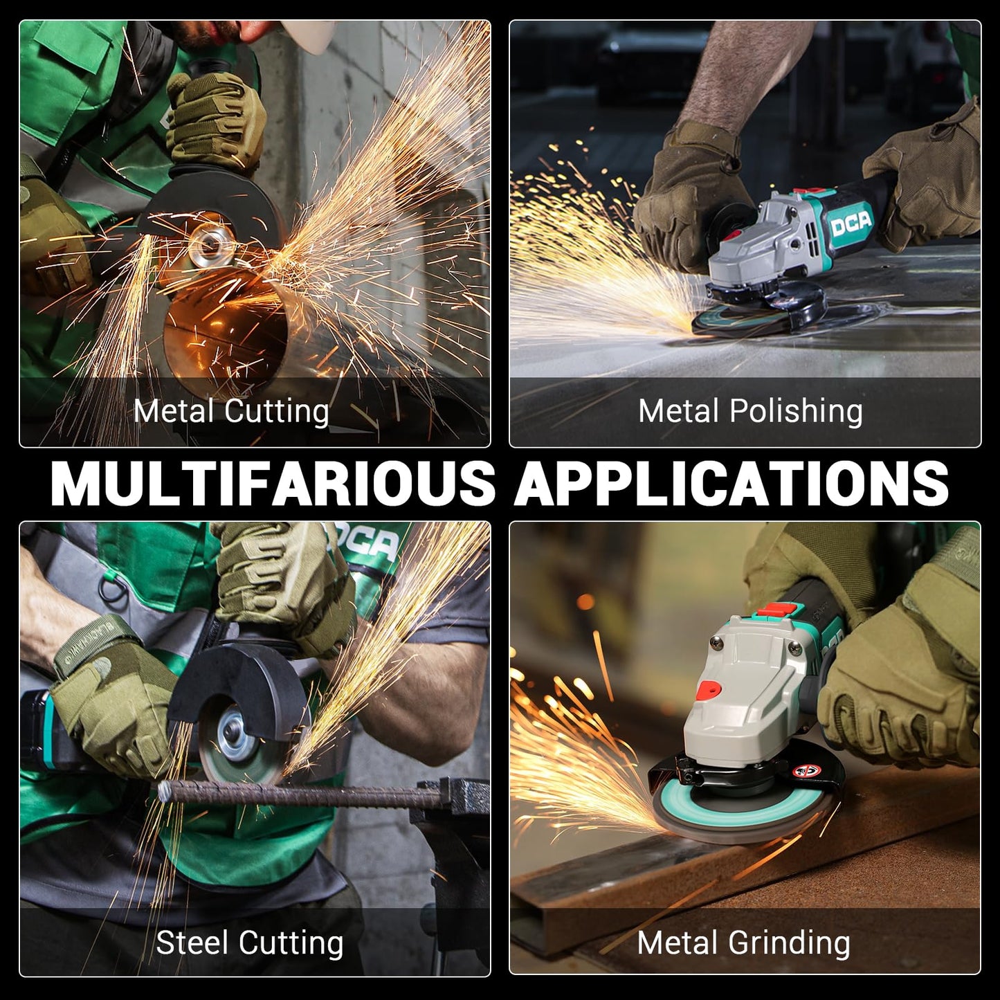 DCA Cordless Angle Grinder 4-1/2 inch, 20V Brushless Motor 8500RPM, Battery Grinder Tool-Free Guard, 4.0Ah Battery & Charger, Power Electric Cut Off Tool with 6 Discs for Cutting, Grinding, Polishing