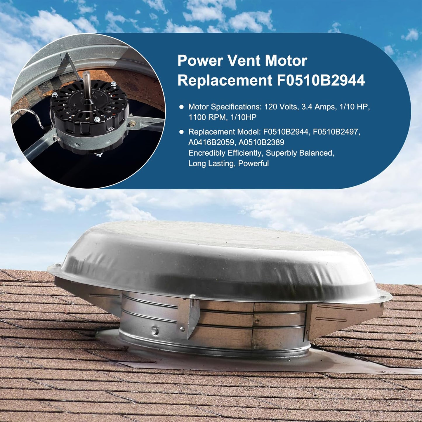 Criditpid F0510B2944, F0510B2497 Power Vent Attic Fan Motor Replacement for Lomanco Lomancool 2000 & 1800 Series. 3.4 Aamps, 120 Volts, 1/10HP, 1100RPM Motor.