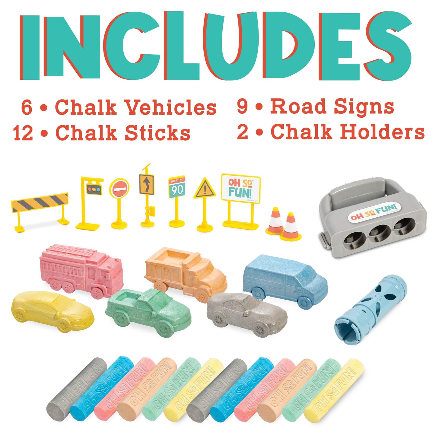 MindWare Oh So Fun! Cars and Trucks Sidewalk Chalk Set - Great Chalk For Toddlers Including Chalk Holders For Kids Ages 3+