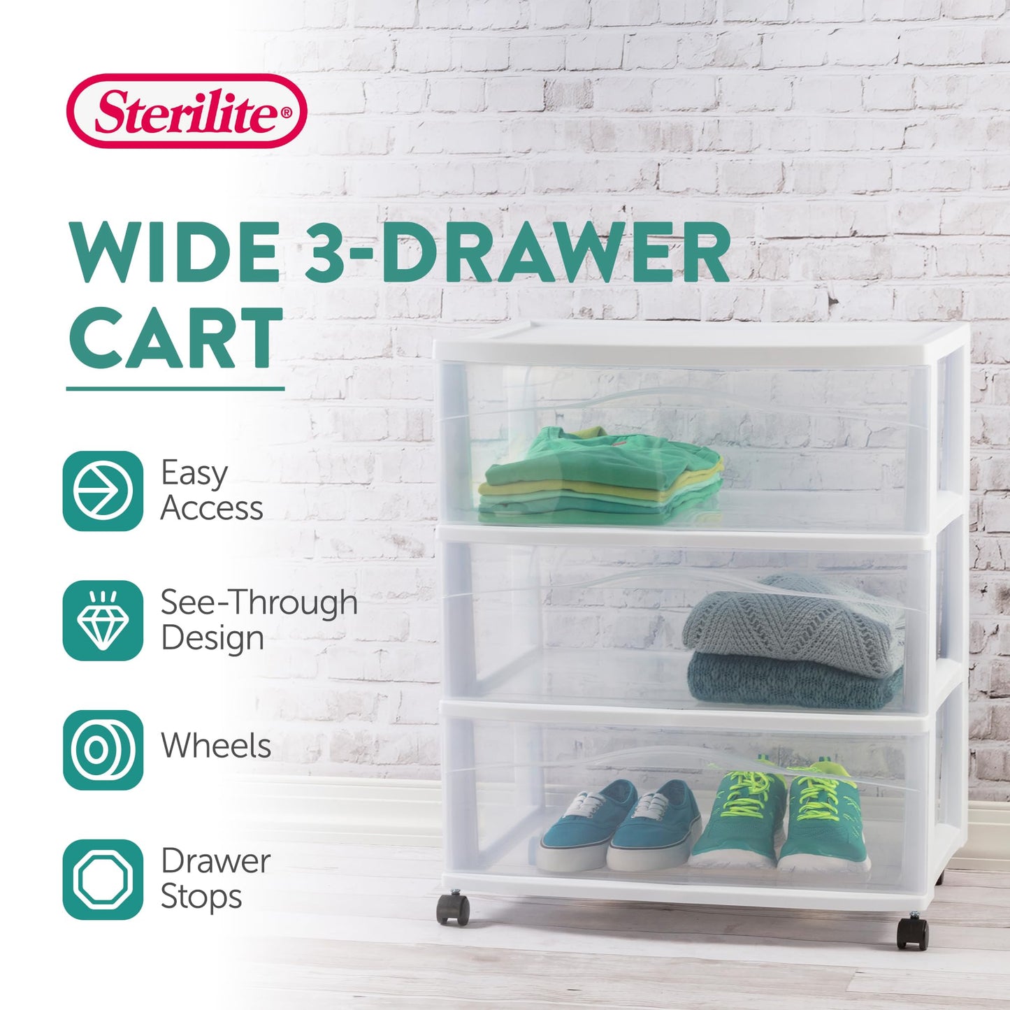 Sterilite Wide 3-Drawer Cart, Plastic Storage Organizer Drawers with Wheels, White - Rolling Multipurpose Bins for Dresser, Closet, Cabinet, Bedroom, Bathroom, and Office Organization