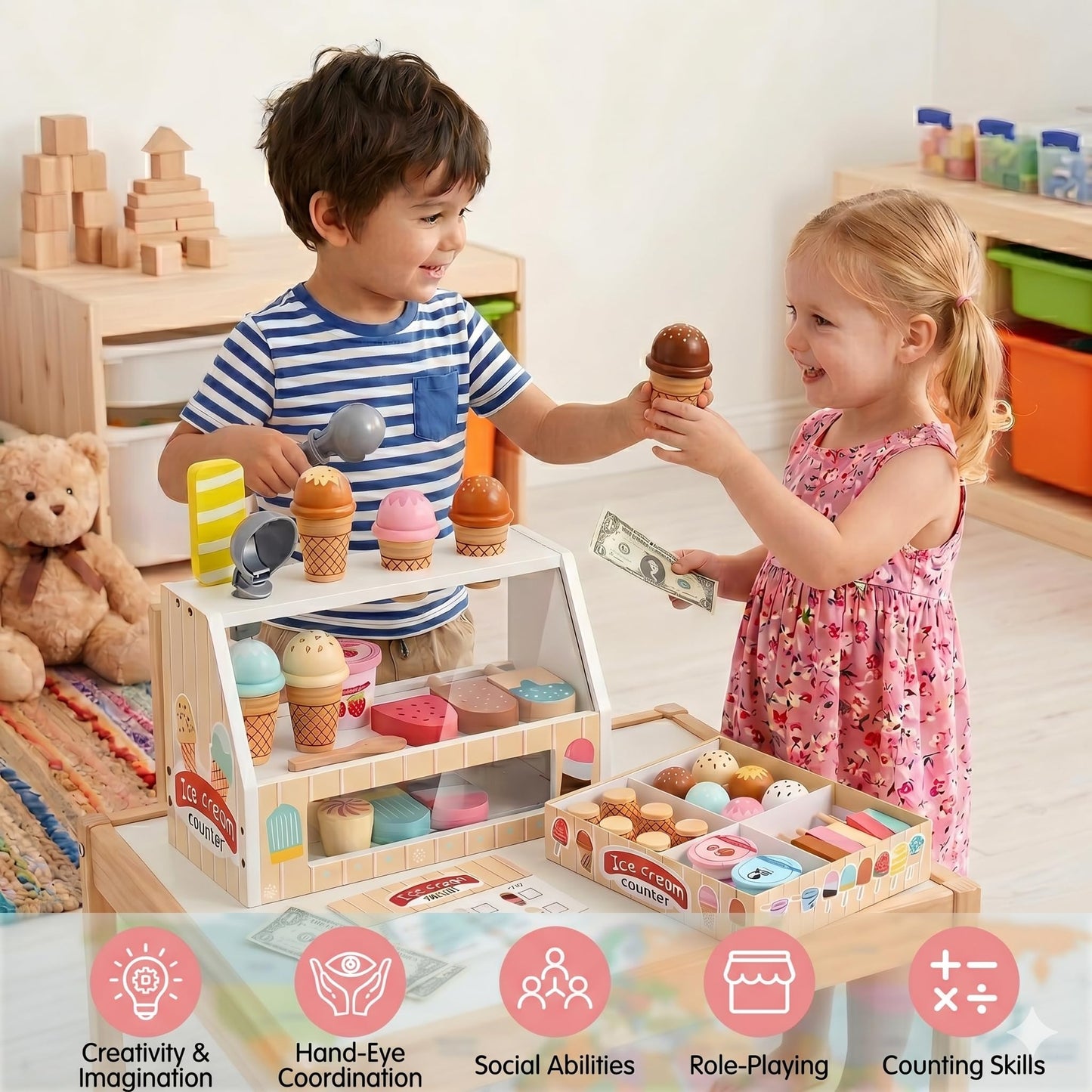 WHOHOLL Wooden Ice Cream Counter Playset for Toddler Girl Toys, 45 Pcs Play Store Pretend Toy Food Play Kitchen Accessories with Scoop & Fake Money, Christmas Birthday Gifts for 3 4 5 6