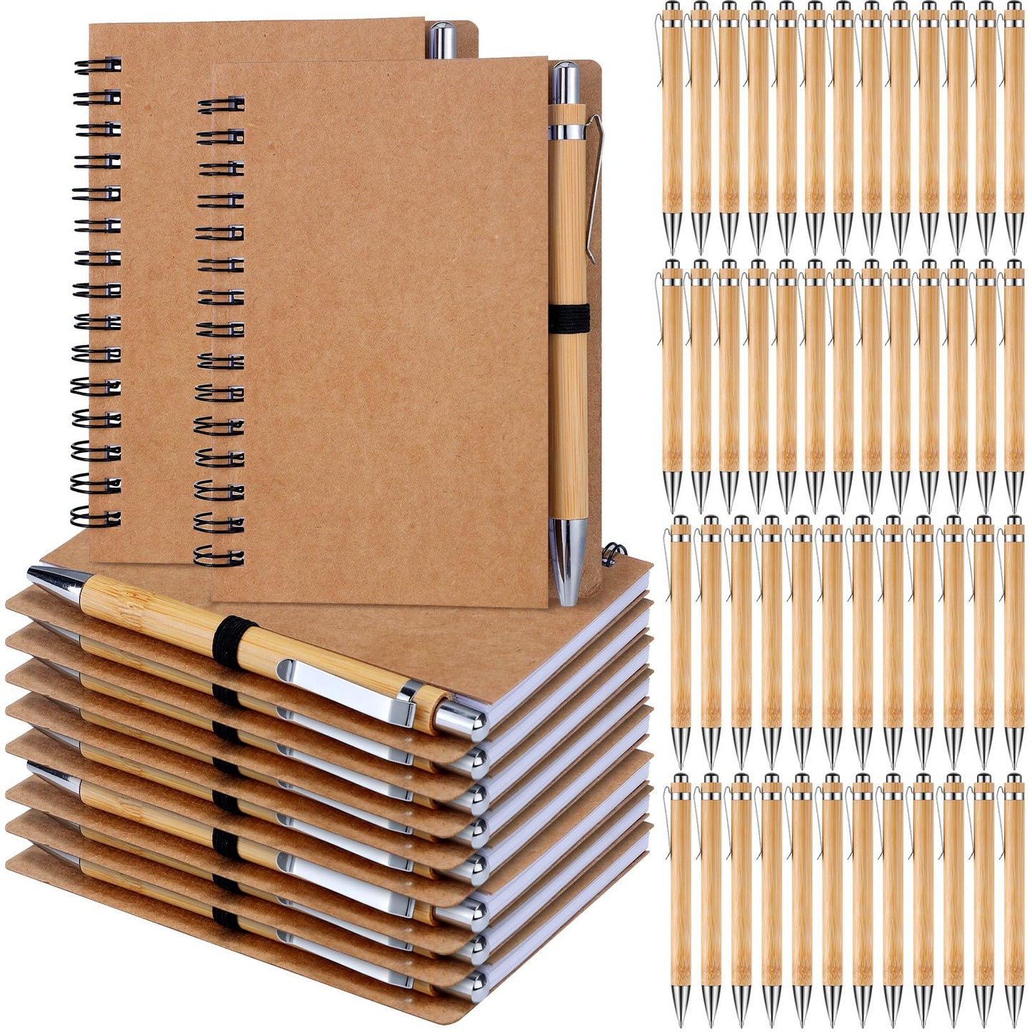Engrowtic 50 Set Bulk Notebooks with Pens Appreciation Gifts, Spiral Kraft Pocket Notebooks Lined Journal with Bamboo Pens Personalized Gifts for Employee Teachers Father's Day Back to School Favors