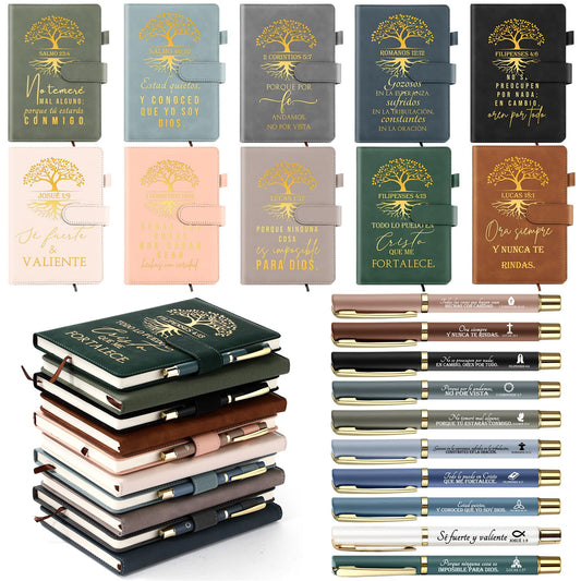 Kosiz 10 Sets Christian Gift Set – Inspirational Bible Verse A5 Leather Notebooks with Pens, Religious Prayer Journals for Teacher Student Church, Bible Study & Sunday School(Spanish)