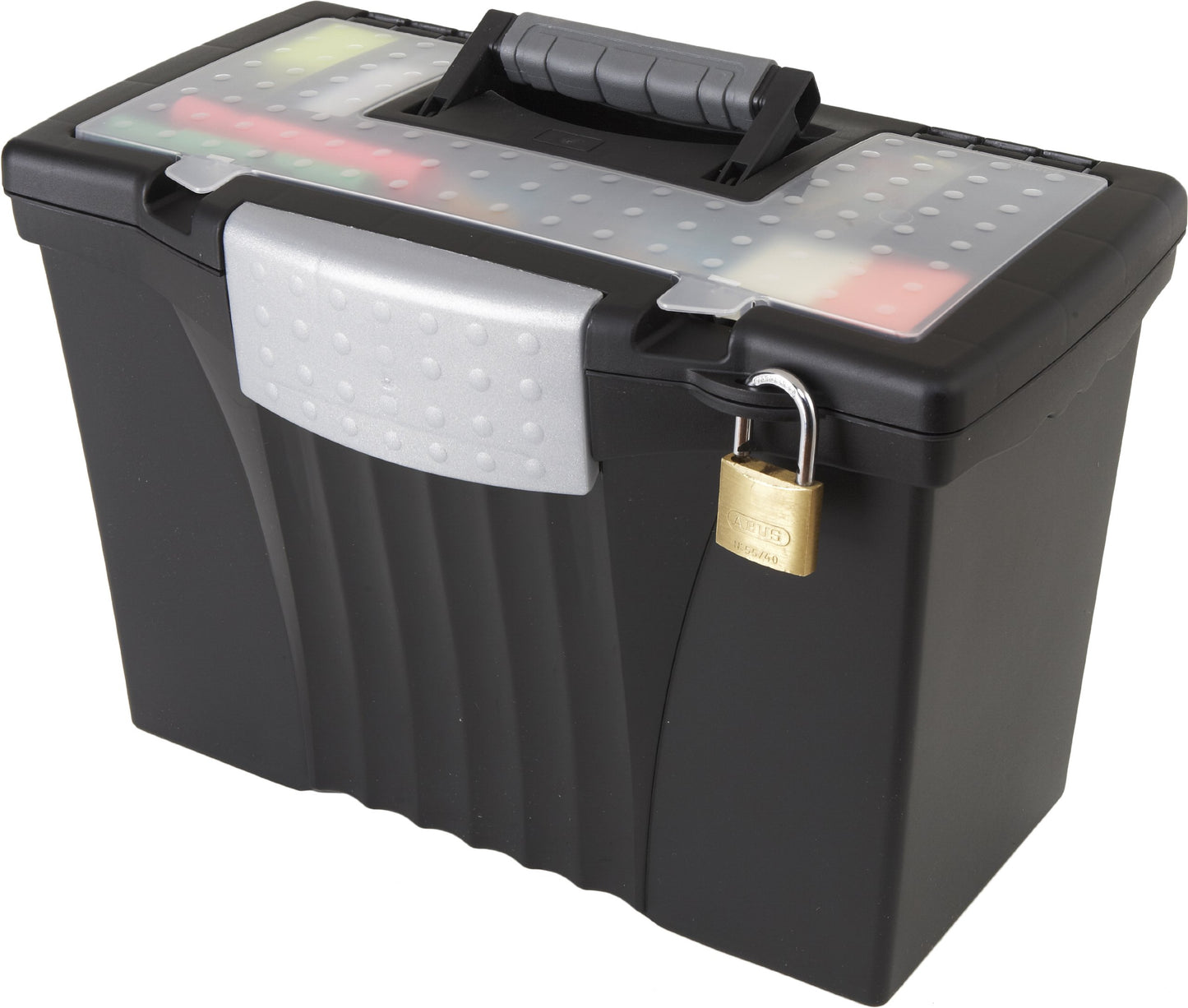Storex Legal File Box with Organizer Lid – Plastic Office File Storage Box for Letter and Legal Hanging Folders, Obsidian, 1-Count (61510A01C)