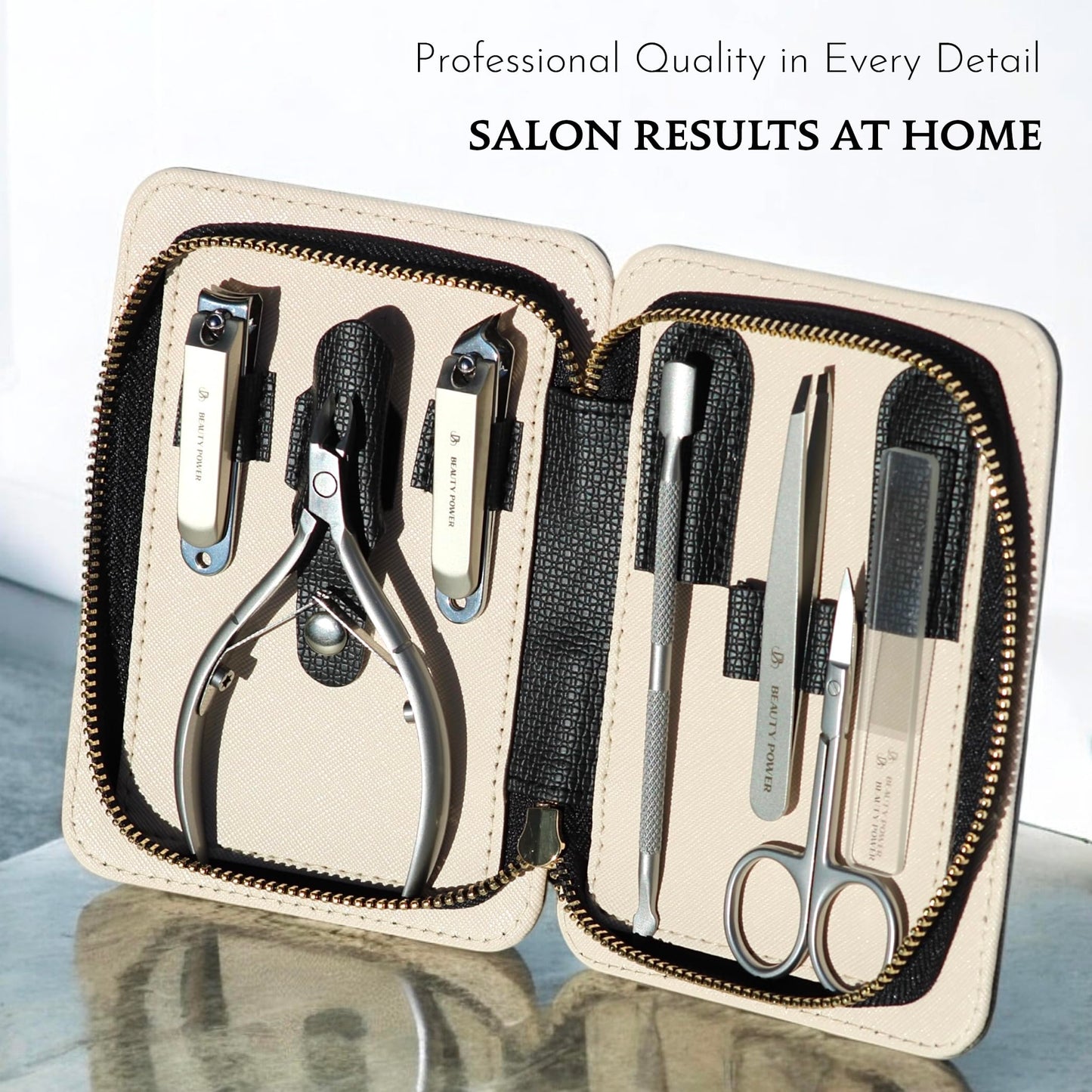 Beauty Power Manicure Pedicure Set 7-in-1 Stainless Steel, Ultra Sharp, Slanted Nail Clipper, Fingernail Clipper, Cuticle Nipper, Glass Nail File, Eyebrow Tweezers, Scissors, Case – Gift (Matte Grey)
