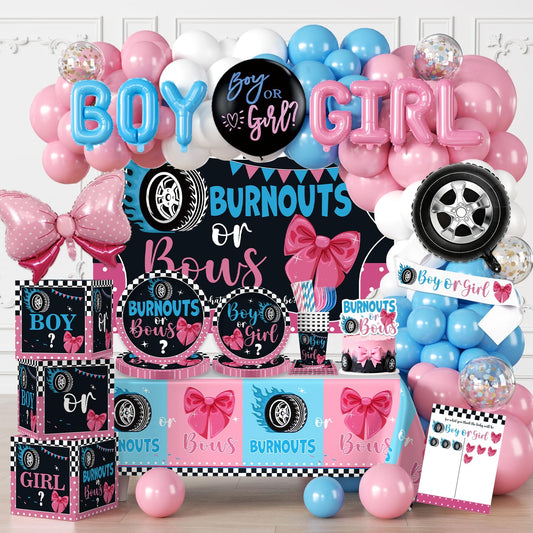 Cocomigo 287pcs Burnouts or Bows Gender Reveal Decorations, One-stop Baby Gender Reveal Decorations Include Burnouts or Bows Plates Backdrop Tablecloths Balloon and Stickers