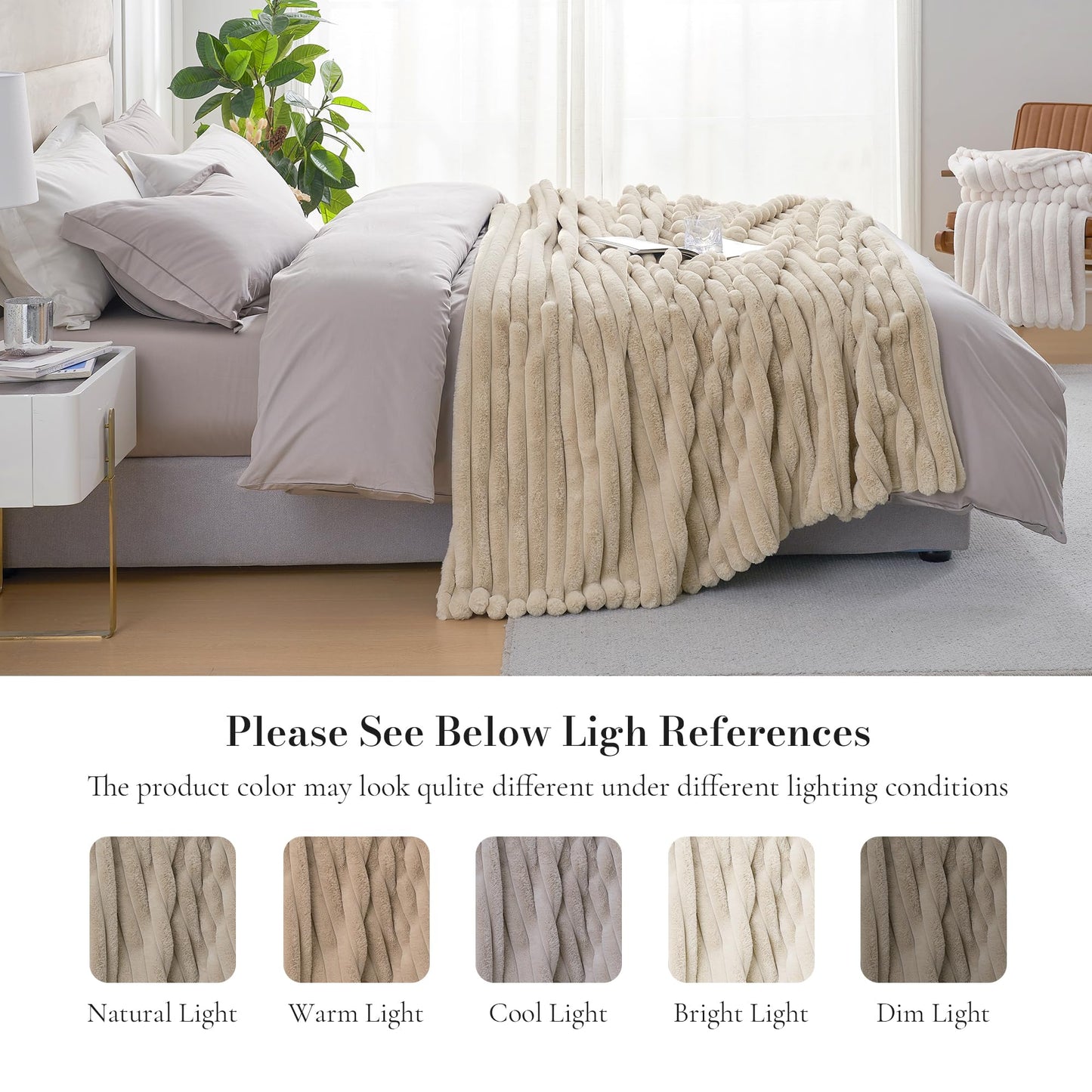 Amélie Home Faux Fur Throw Blanket for Couch, Cozy Fuzzy Fluffy Fur Luxurious Soft Striped Plush Gift Blankets for Family Sofa Chair, 60"x80", Beige