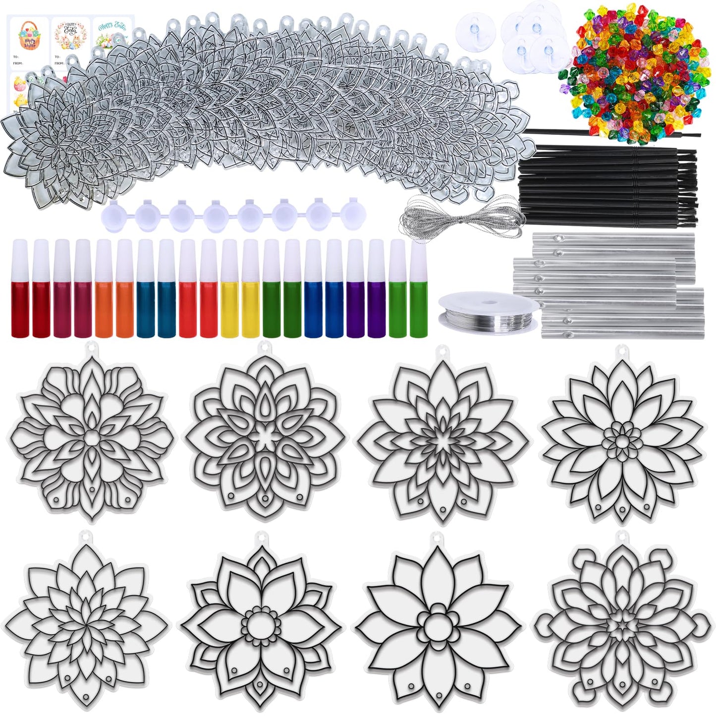 Winlyn 24 Sets Lotus Flower Suncatcher Wind Chimes Decorations DIY Window Paint Art Stickers Craft Kits Flower Sun Catchers for Kids Classroom Birthday Spring Summer Party Activities Art Project