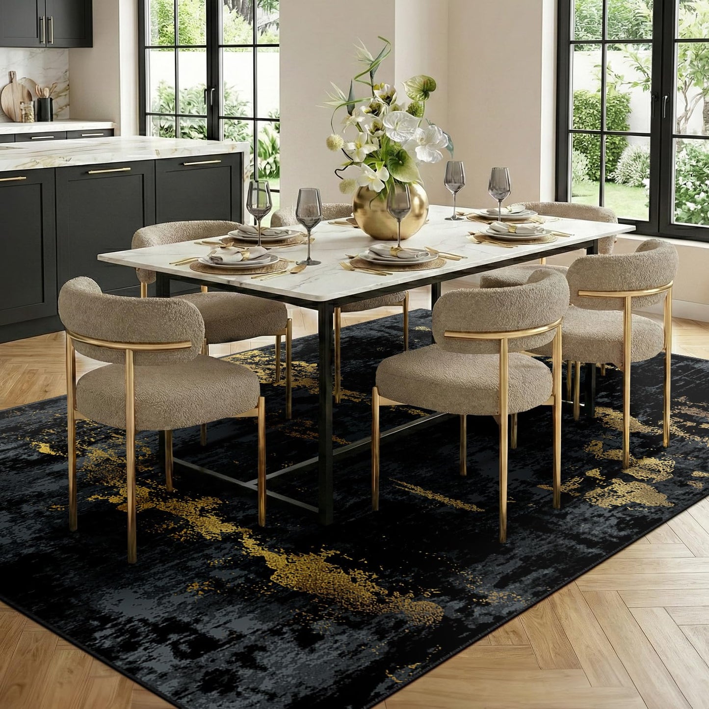 RELEANY Washable Area Rugs 5'x7' Non-Slip Modern Abstract Soft for Living Room Entryway Bedroom Kitchen, Print Pattern, Dark Black Gold