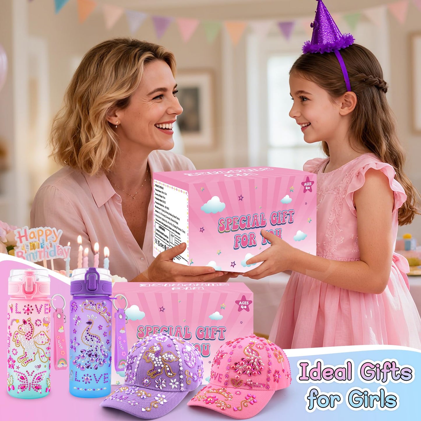 Gifts for Girls Decorate Your Own Water Bottle and Baseball Cap, Christmas Birthday Gifts for Girls 4 5 6 7 8 9 Year Old, Fun Arts and Crafts for Kids Ages 4-6, DIY Unicorn Stickers for Girl 8-10
