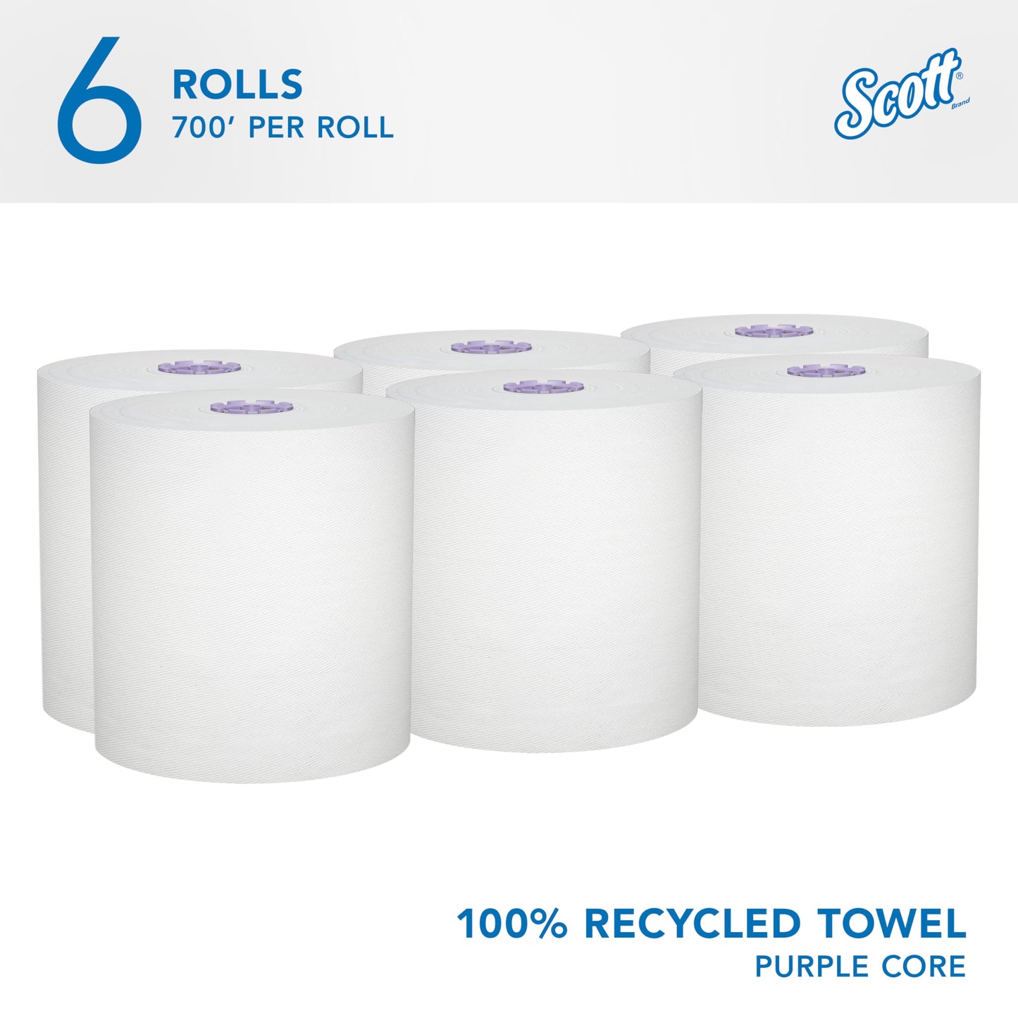 Scott® Essential 100% Recycled Hard Roll Paper Towels, Bulk (58423), Hardwound, Absorbency Pockets™, White, Fits Scott Essential Purple Core Dispensers (6 Rolls at 700' Each, 4,200'/Case)