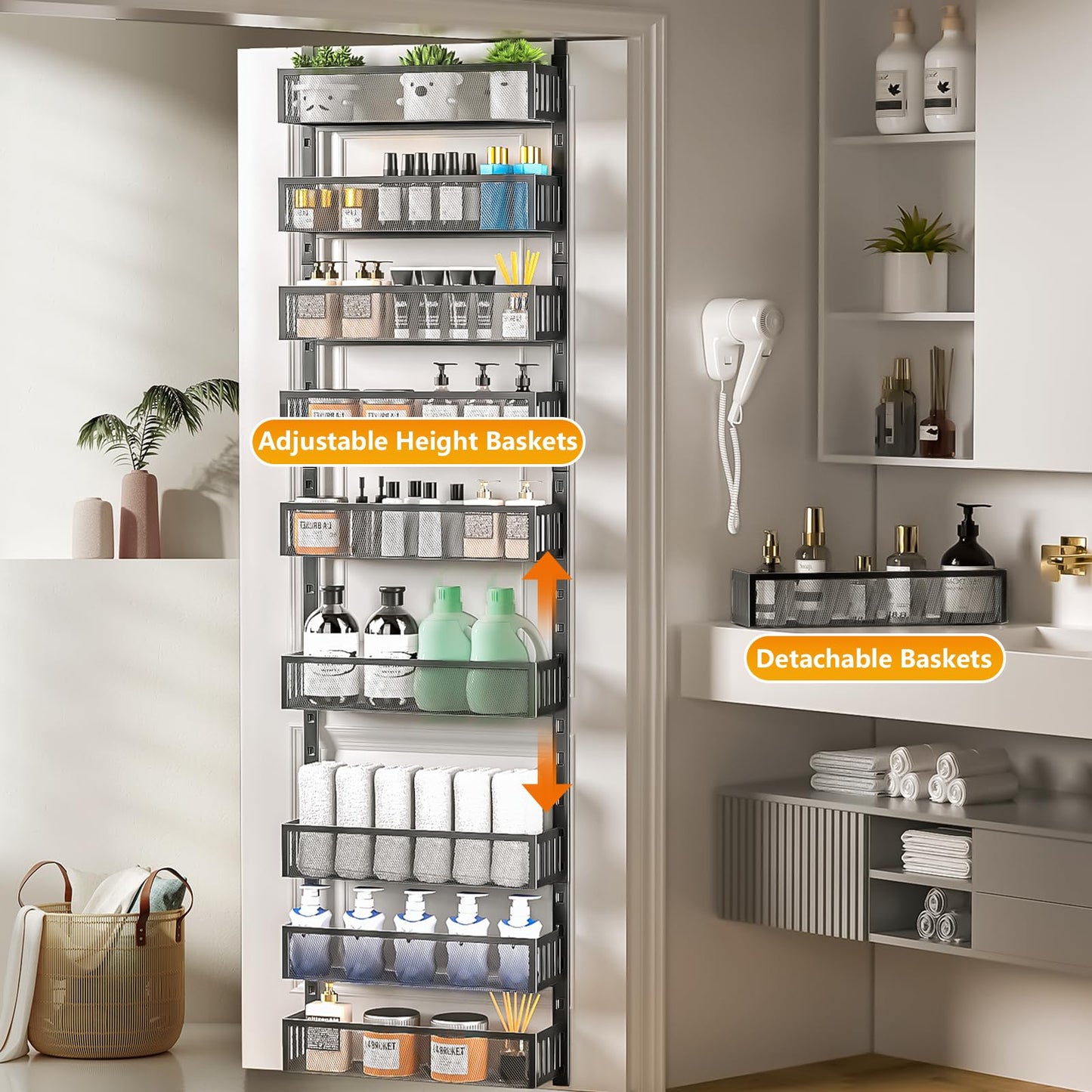 DAOTENGQL 10-tier Over The Door Pantry Organizer with Mesh Baskets, Adjustable & Stable Hanging Spice Rack for Kitchen, Bathroom, Bedroom, and Baby Essentials Storage (16" W 10-Tiers, Black)
