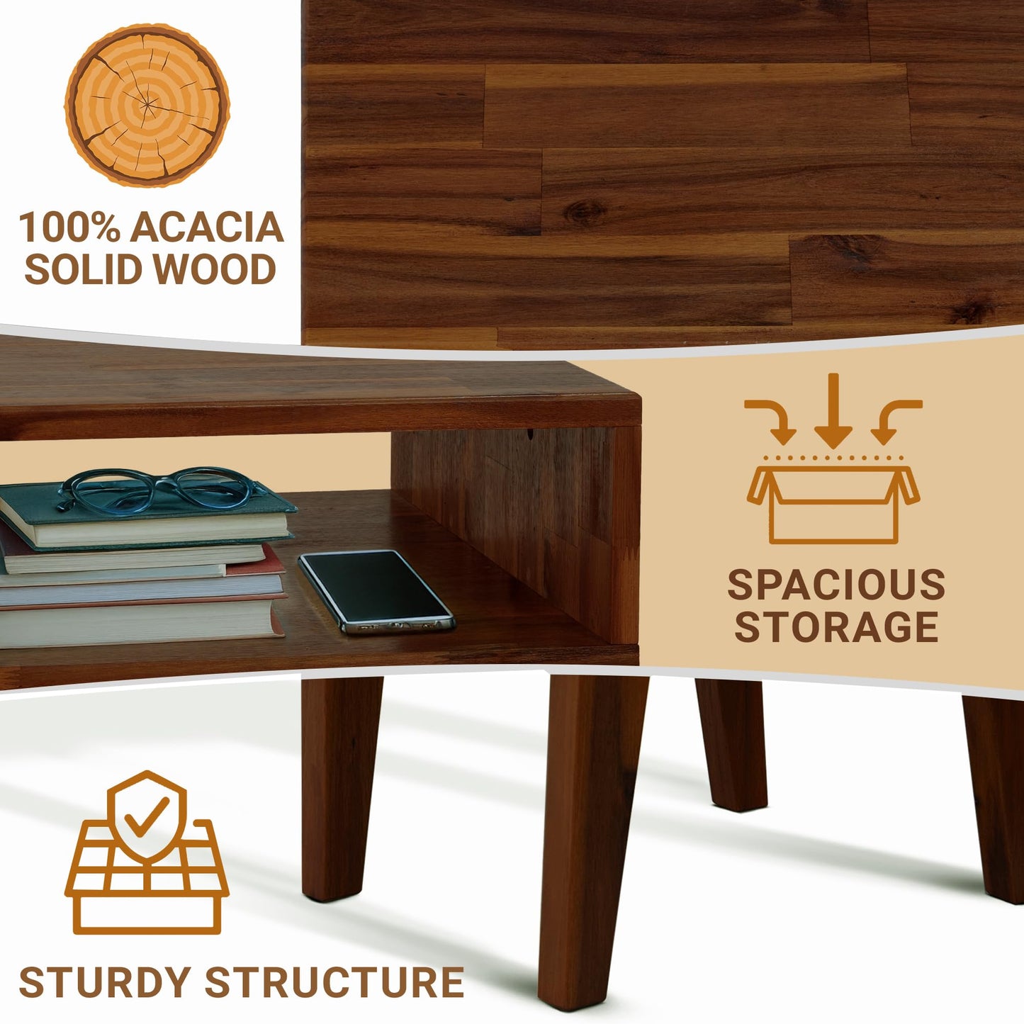 Acacia Serena Nightstand/End Table Solid Wood Bed Side Table for Bedroom Living Room College Dorm (Chocolate)