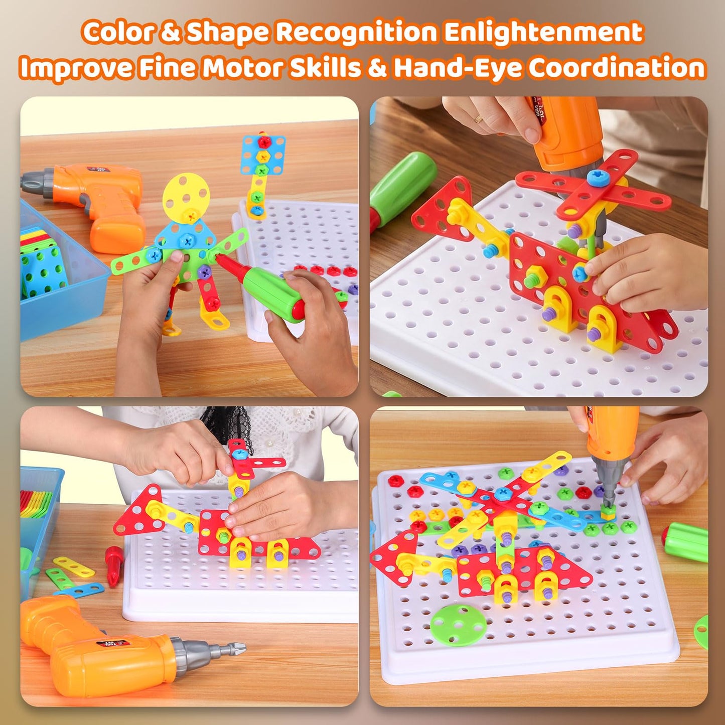 Creative Building Toys Mosaic Drill Set, Power Tools for Kids with Screwdriver Toy, Workshop Games for 3 4 5 6 7 8 Years Boy and Girl, Educational Toy