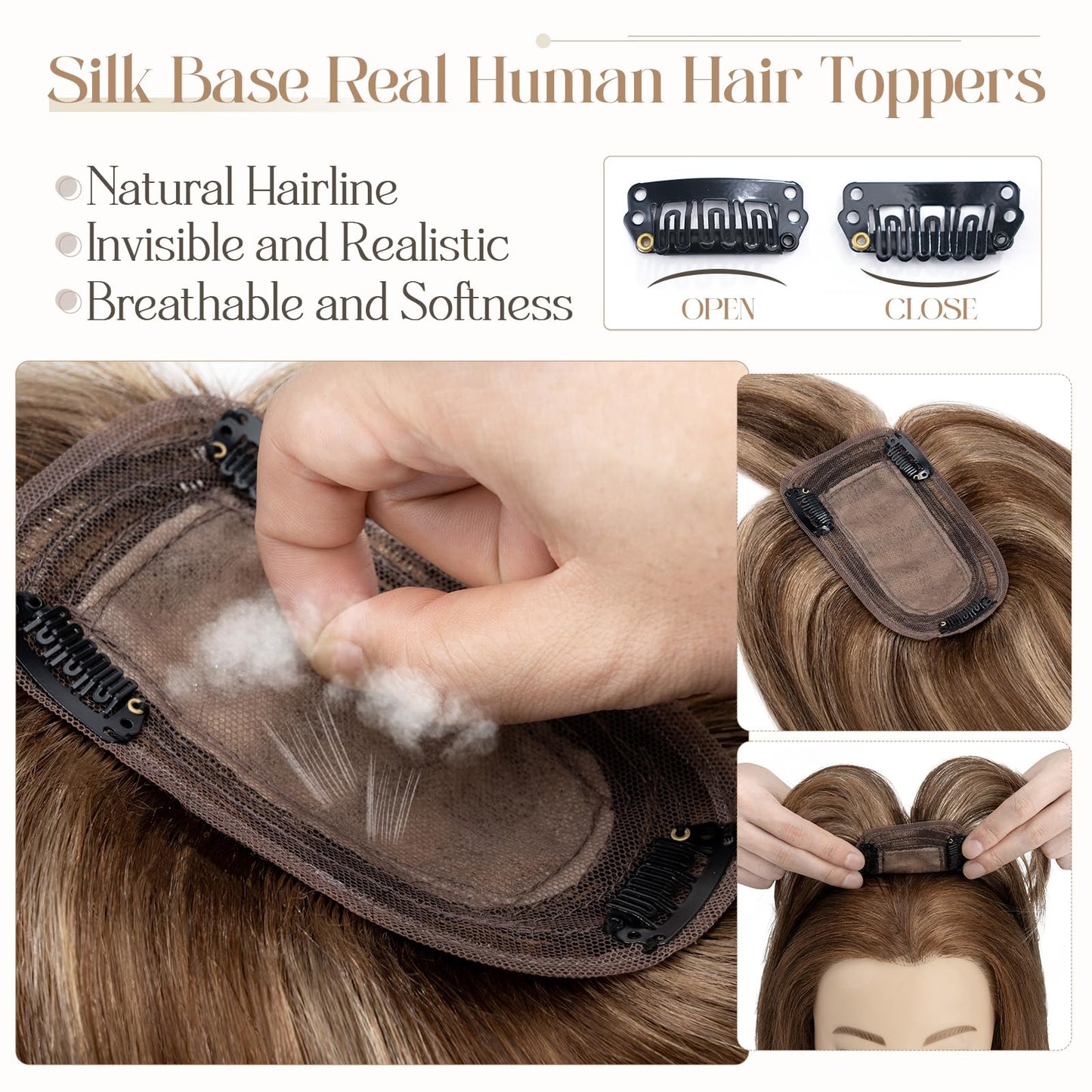 TESSHAIR Hair Toppers for Women Real Human Hair, 150% Density Silk Base Clip in Hair Extensions, Short Hair Topper Hair Pieces for Women with Thining Hair, Cover Gray Hair, With Bangs 12 Inch #4P27