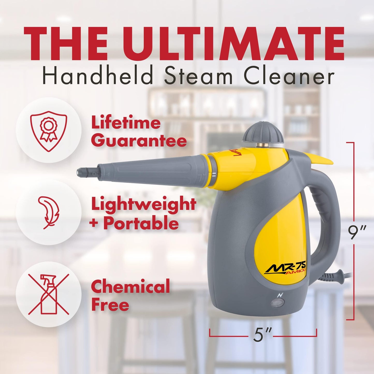 Vapamore MR-75 Amico Handheld Steam Cleaner, 17 Attachments Including the Turbo Pet Tool, Chemical Free Professional-Grade Handheld Steamer Quickly & Easily Cleans Upholstery, Bathrooms, Cars & More