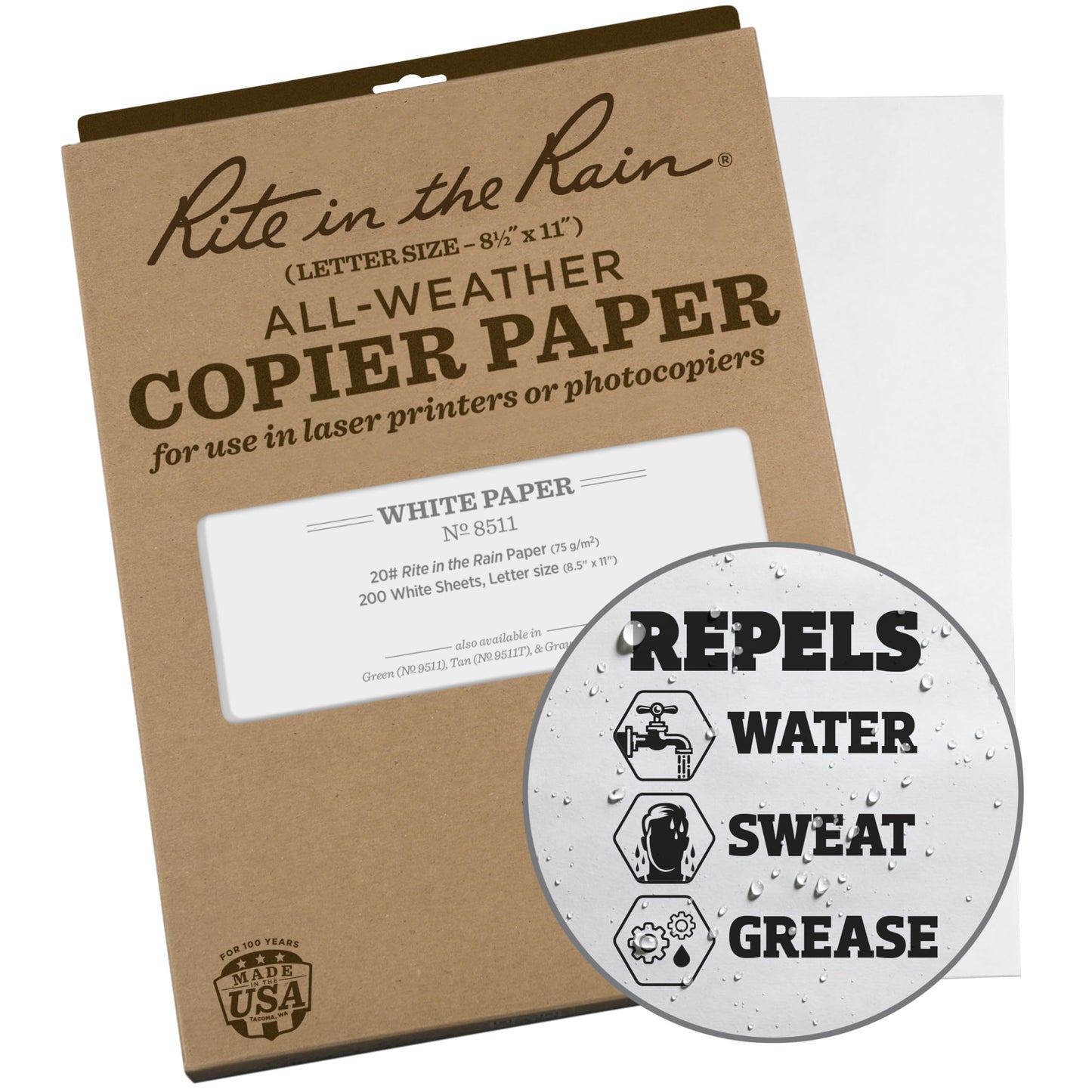 Rite in the Rain Weatherproof Copier Paper, 8.5" x 11", 20# White, 200 Sheet Pack (No. 8511X)
