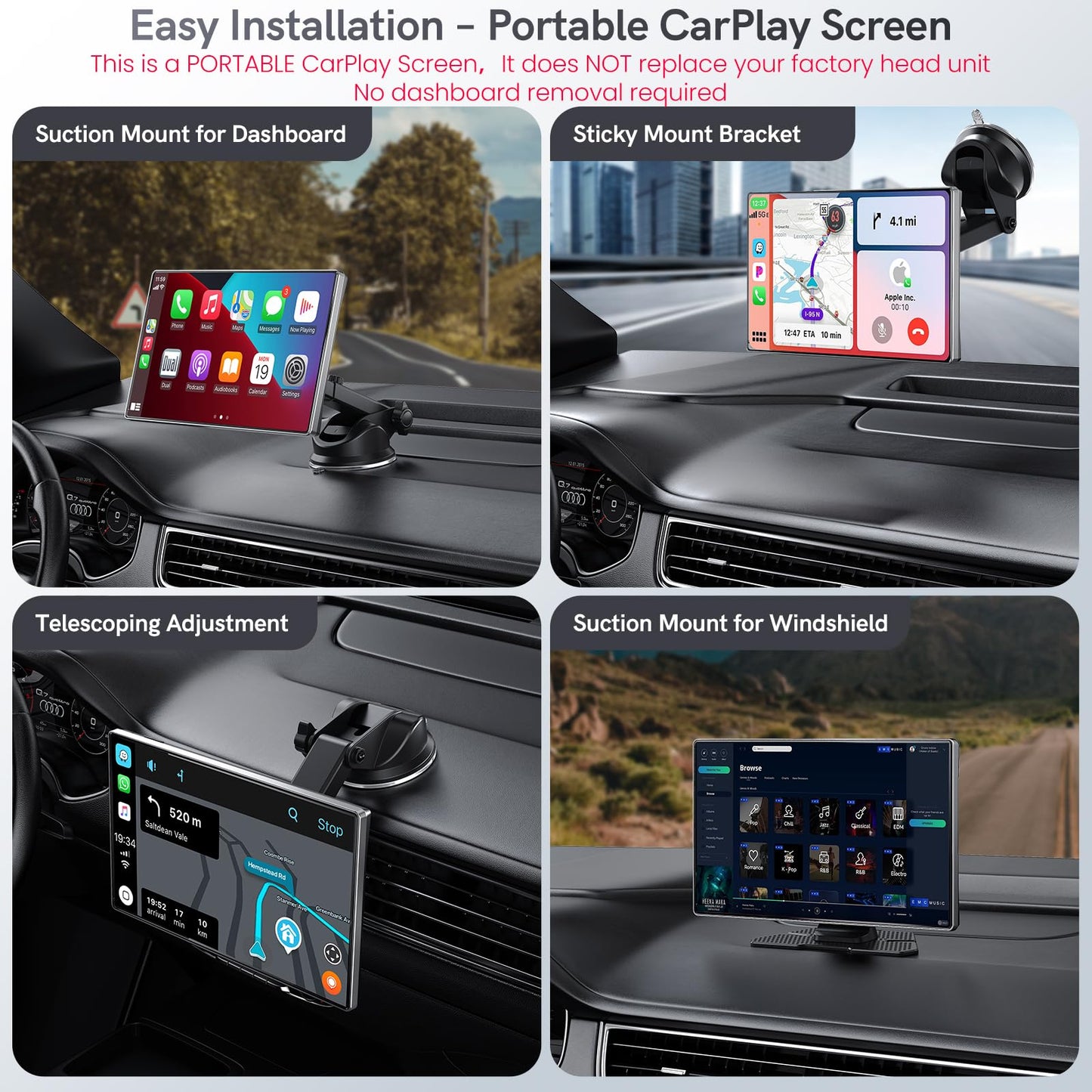 9" Portable CarPlay Screen for Car, CooCom UHD Car Stereo with Touch Screen with Apple CarPlay&Android Auto,4K Dash Cam,1080P Backup Camera,Mirror Link, Voice Control, Bluetooth 5.3,GPS,FM