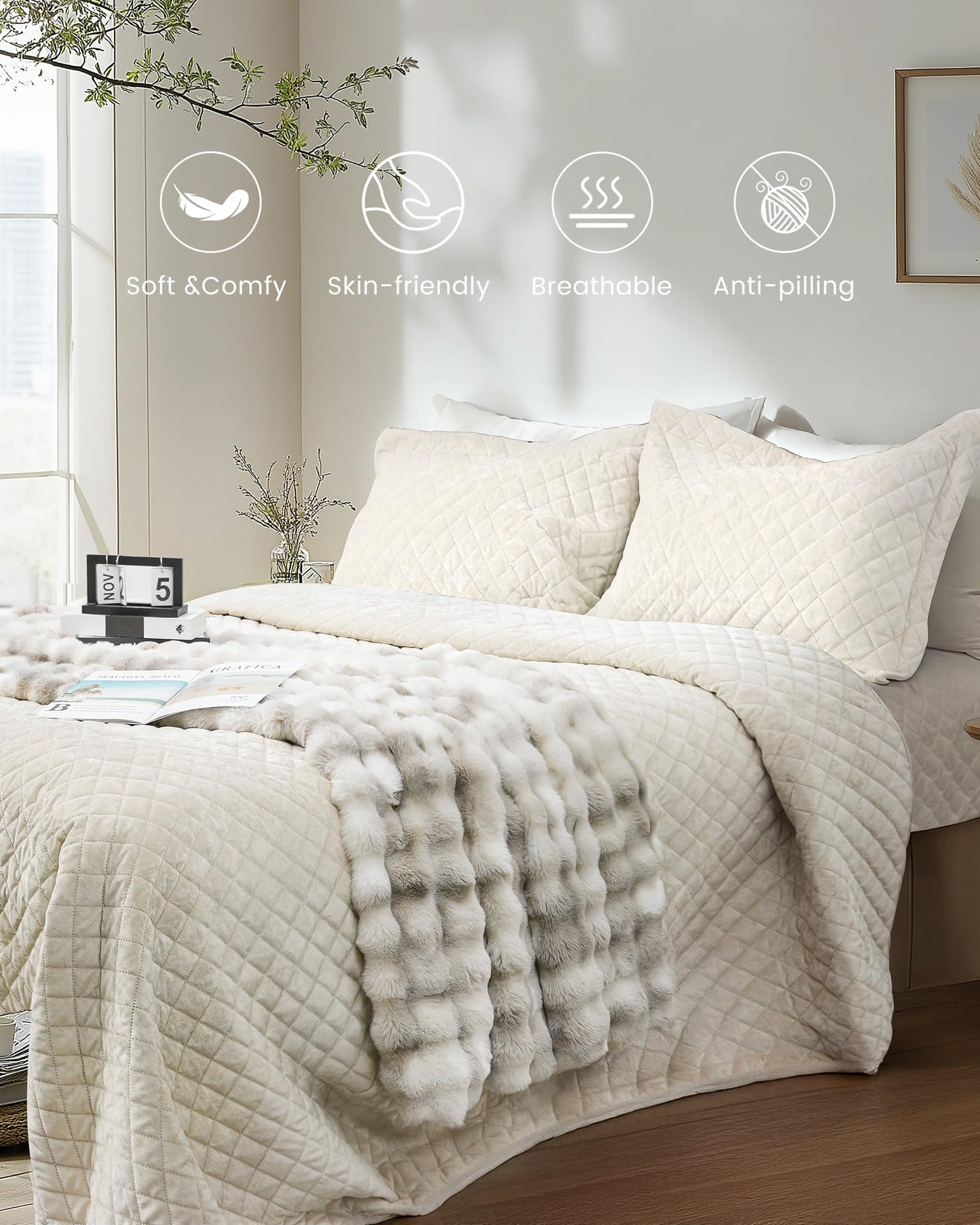 dennylife Luxury Velvet Queen Quilt Set, Ultra Soft Lightweight Cream White Velvet Comforter Set, Oversized Bedspread Coverlet with 2 Pillowcases Diamond Pattern, for All Season (Beige)